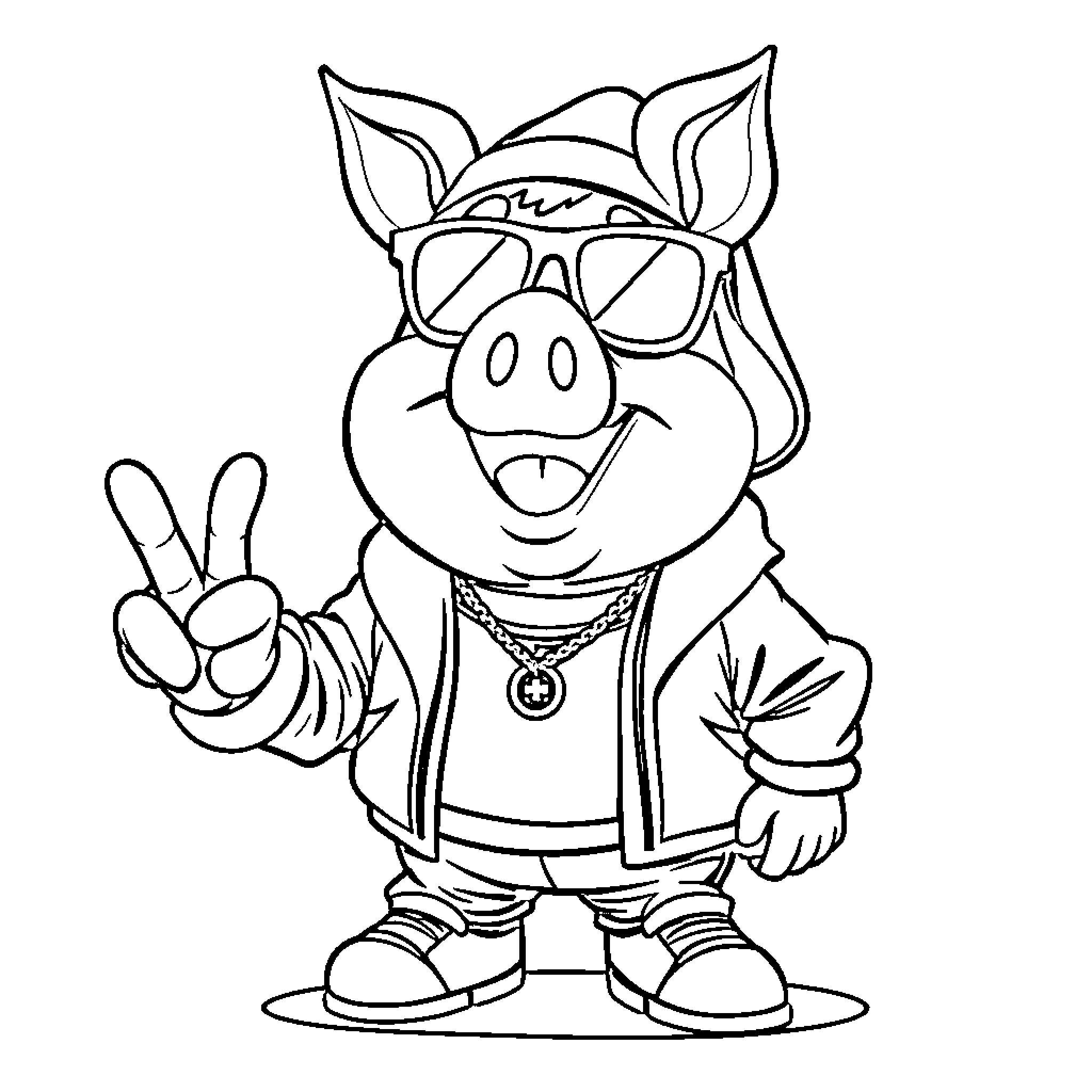 Porky Pig wearing cool sunglasses and making a peace sign Coloring Page (free black-and-white line drawing printable PDF for all, from beginners to advanced learners, including children, teens, adults, and seniors)