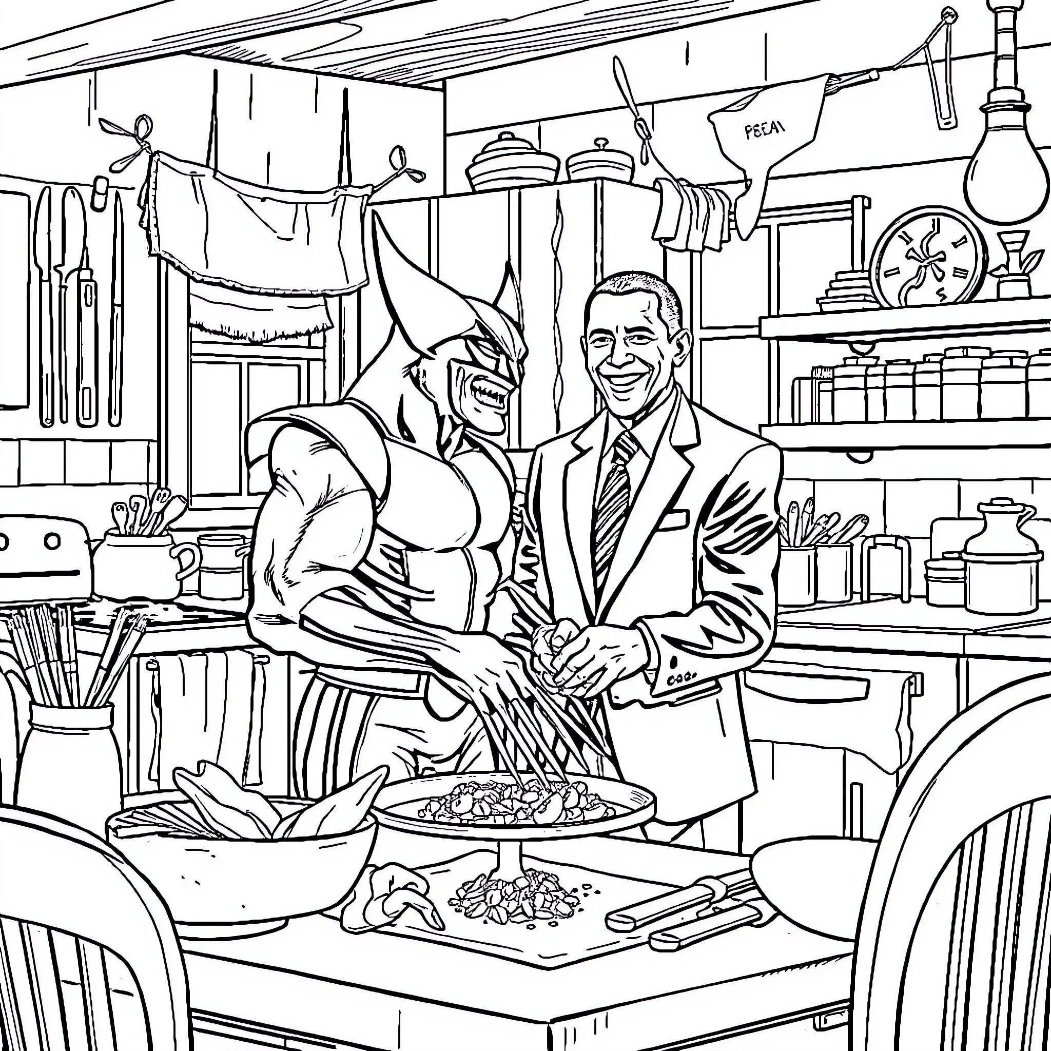Wolverine cooking with an unexpected guest in the kitchen Coloring Page (free black-and-white line drawing printable PDF for all, from beginners to advanced learners, including children, teens, adults, and seniors)