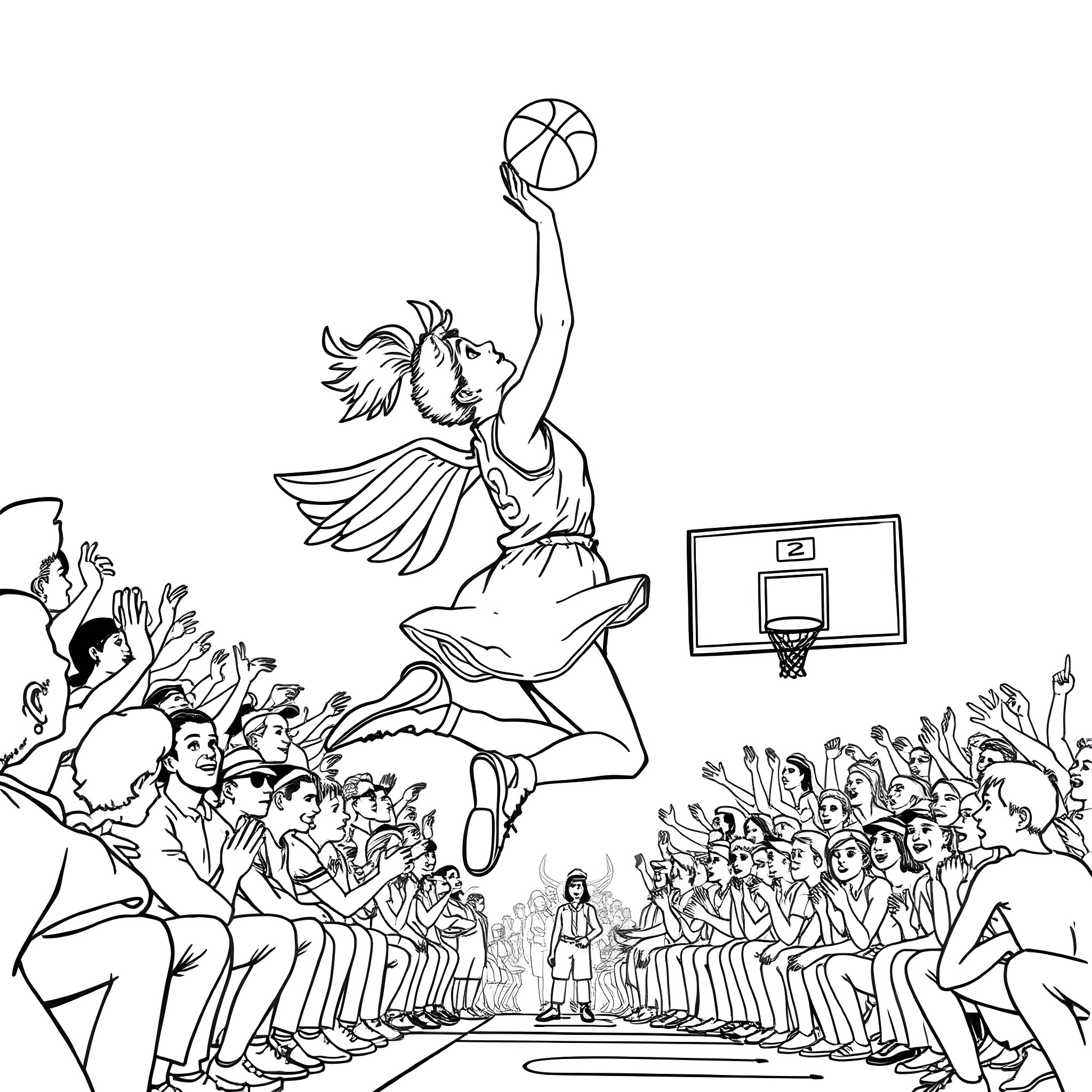 Angel Reese Soaring through the Basketball Court Coloring Page (free black-and-white line drawing printable PDF for all, from beginners to advanced learners, including children, teens, adults, and seniors)