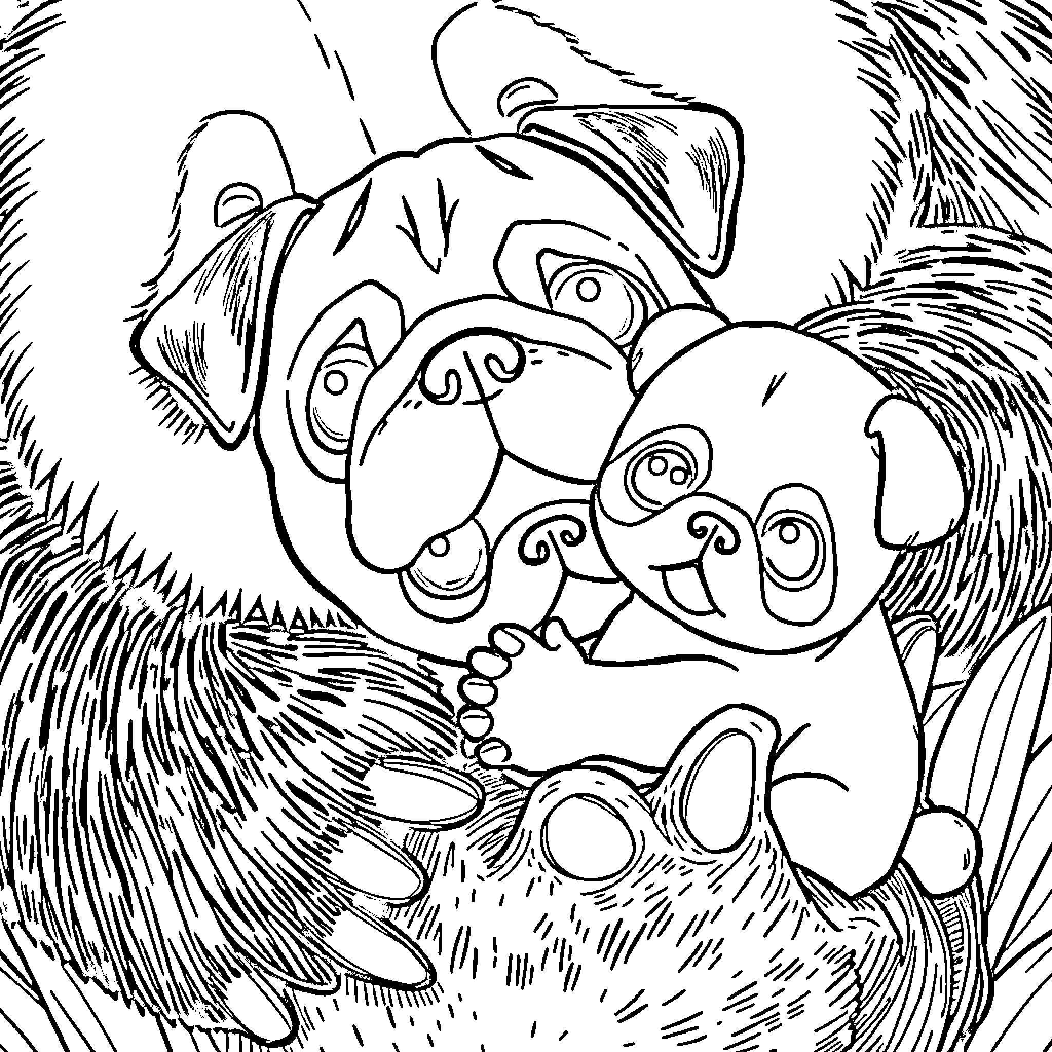 Pug enjoying playtime in the park Coloring Page (free black-and-white line drawing printable PDF for all, from beginners to advanced learners, including children, teens, adults, and seniors)