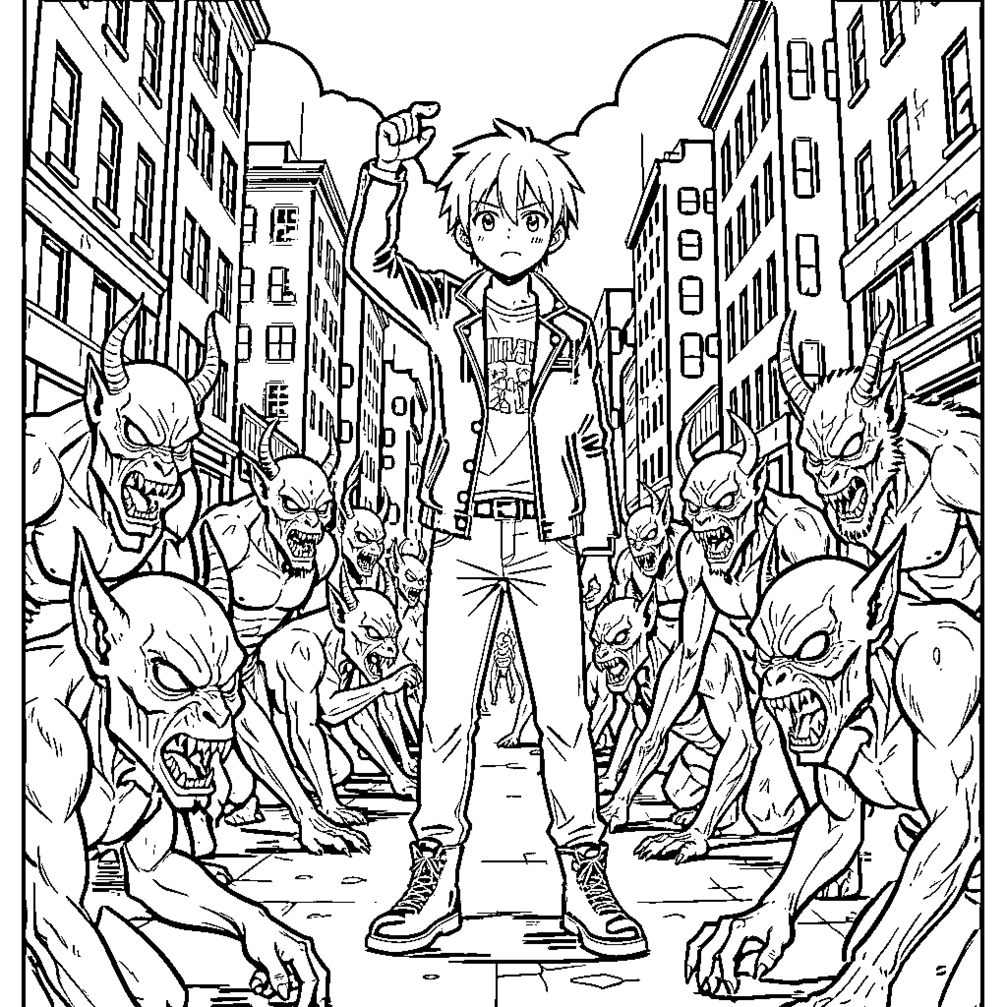 Anime Guy Facing Fearsome Creatures in the City Coloring Page (free black-and-white line drawing printable PDF for all, from beginners to advanced learners, including children, teens, adults, and seniors)