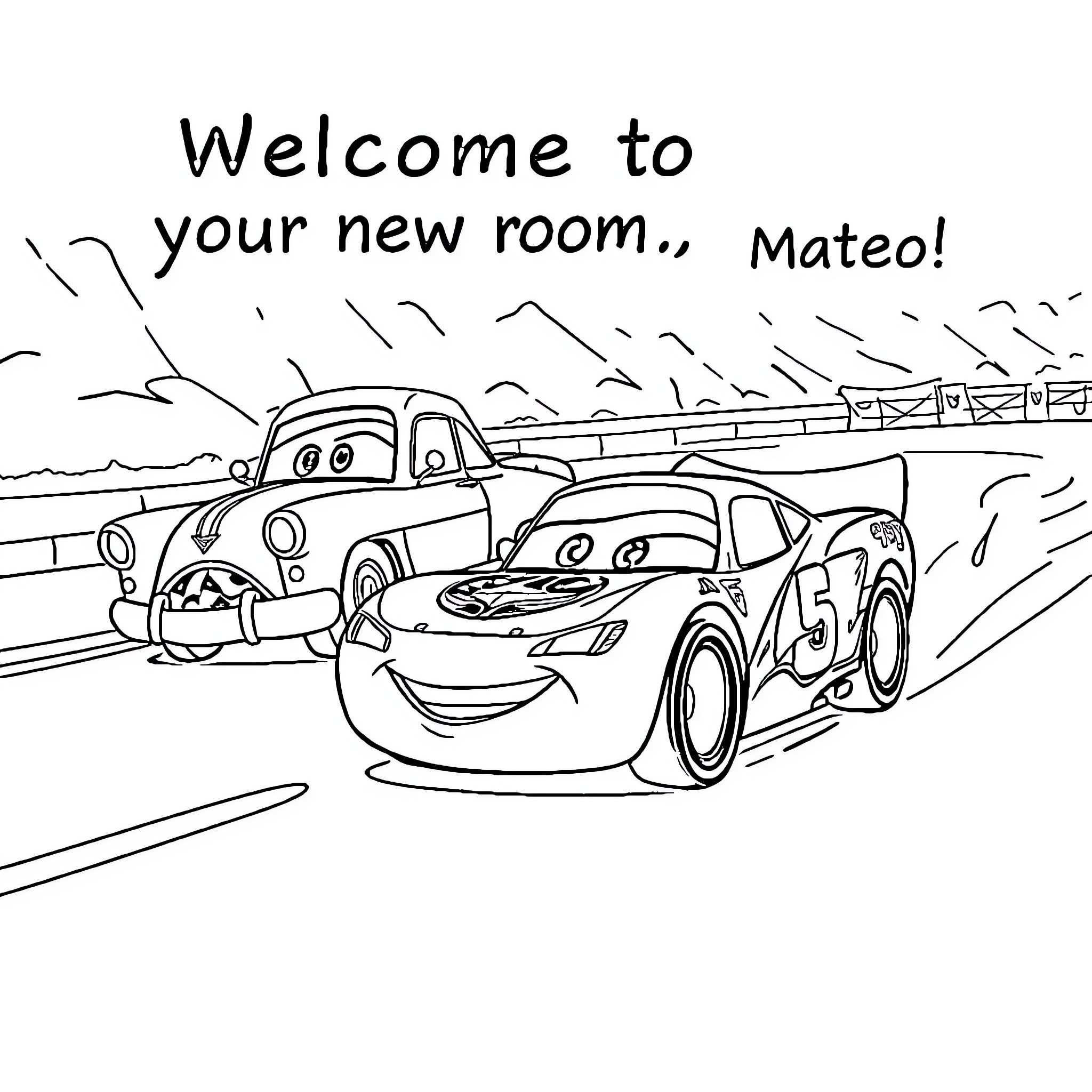 Lightning McQueen Welcomes Friend to New Room Coloring Page (free black-and-white line drawing printable PDF for all, from beginners to advanced learners, including children, teens, adults, and seniors)