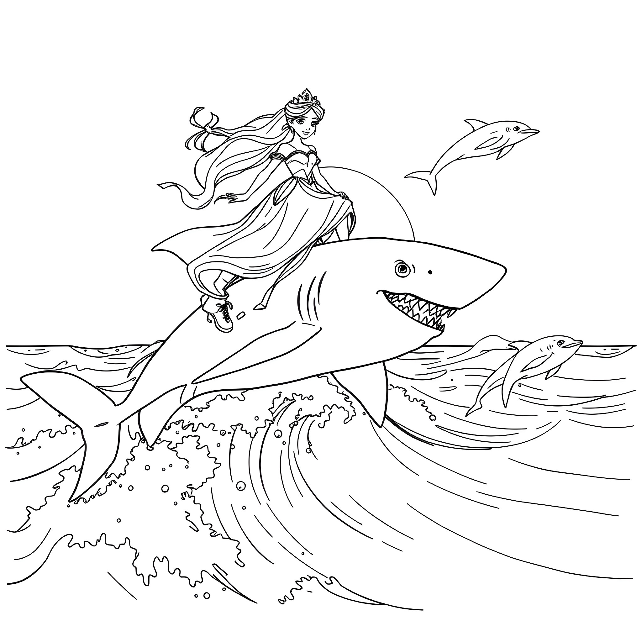 Princess Riding a Shark in the Ocean Coloring Page (free black-and-white line drawing printable PDF for all, from beginners to advanced learners, including children, teens, adults, and seniors)