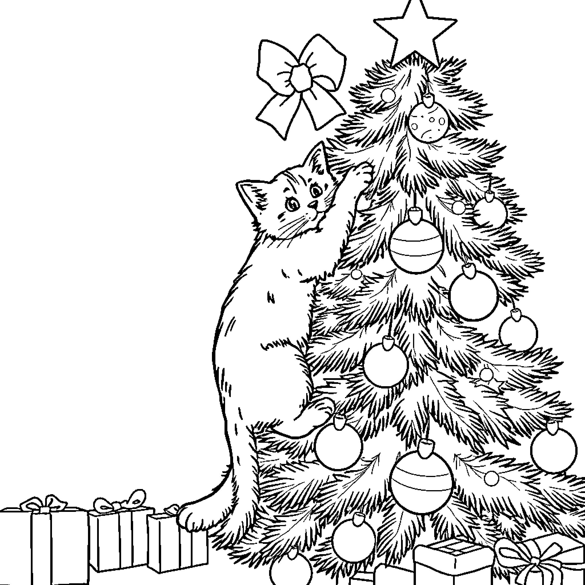 Cat exploring festive Christmas tree Coloring Page (free black-and-white line drawing printable PDF for all, from beginners to advanced learners, including children, teens, adults, and seniors)