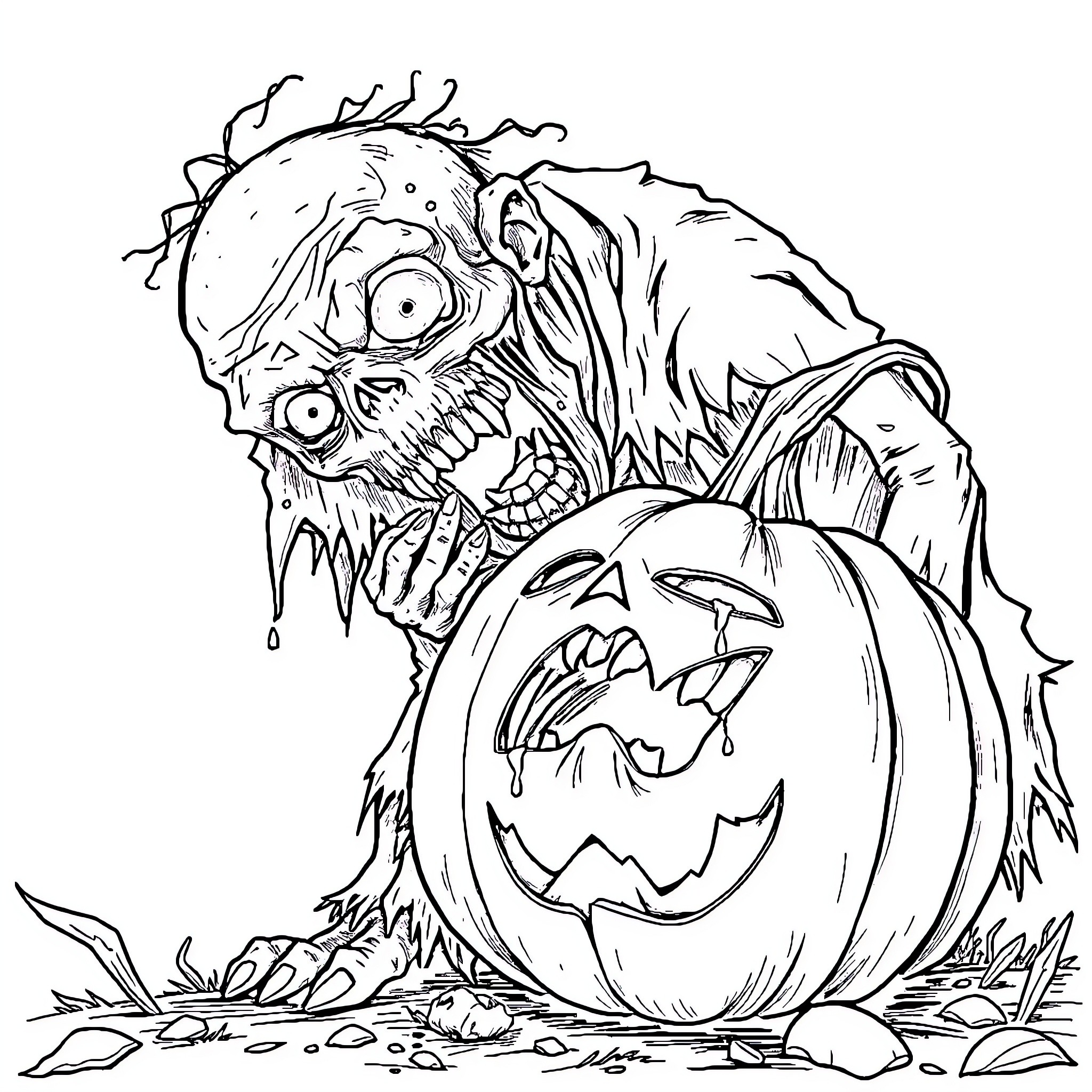 Zombie with Grotesque Pumpkin Head Coloring Page (free black-and-white line drawing printable PDF for all, from beginners to advanced learners, including children, teens, adults, and seniors)