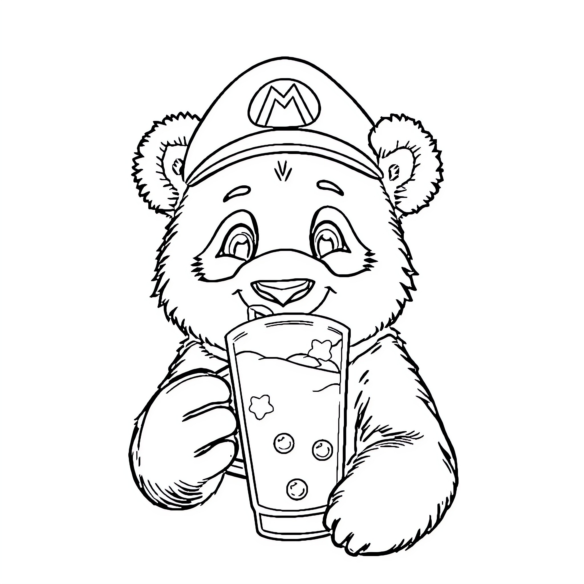 Panda wearing a Super Mario hat playing video game Coloring Page (free black-and-white line drawing printable PDF for all, from beginners to advanced learners, including children, teens, adults, and seniors)