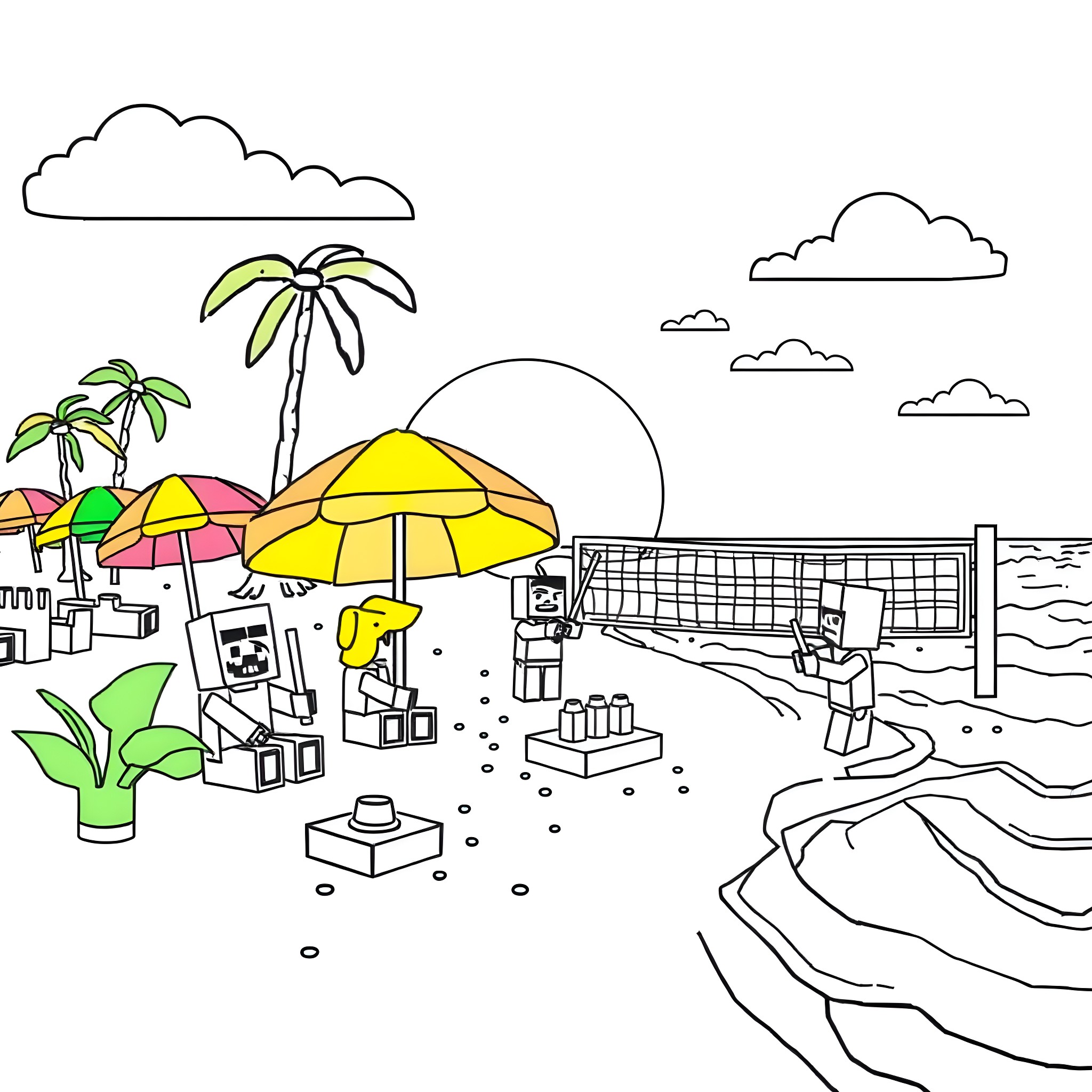 Minecraft Beach Scene with Umbrellas and Blocks Coloring Page (free black-and-white line drawing printable PDF for all, from beginners to advanced learners, including children, teens, adults, and seniors)