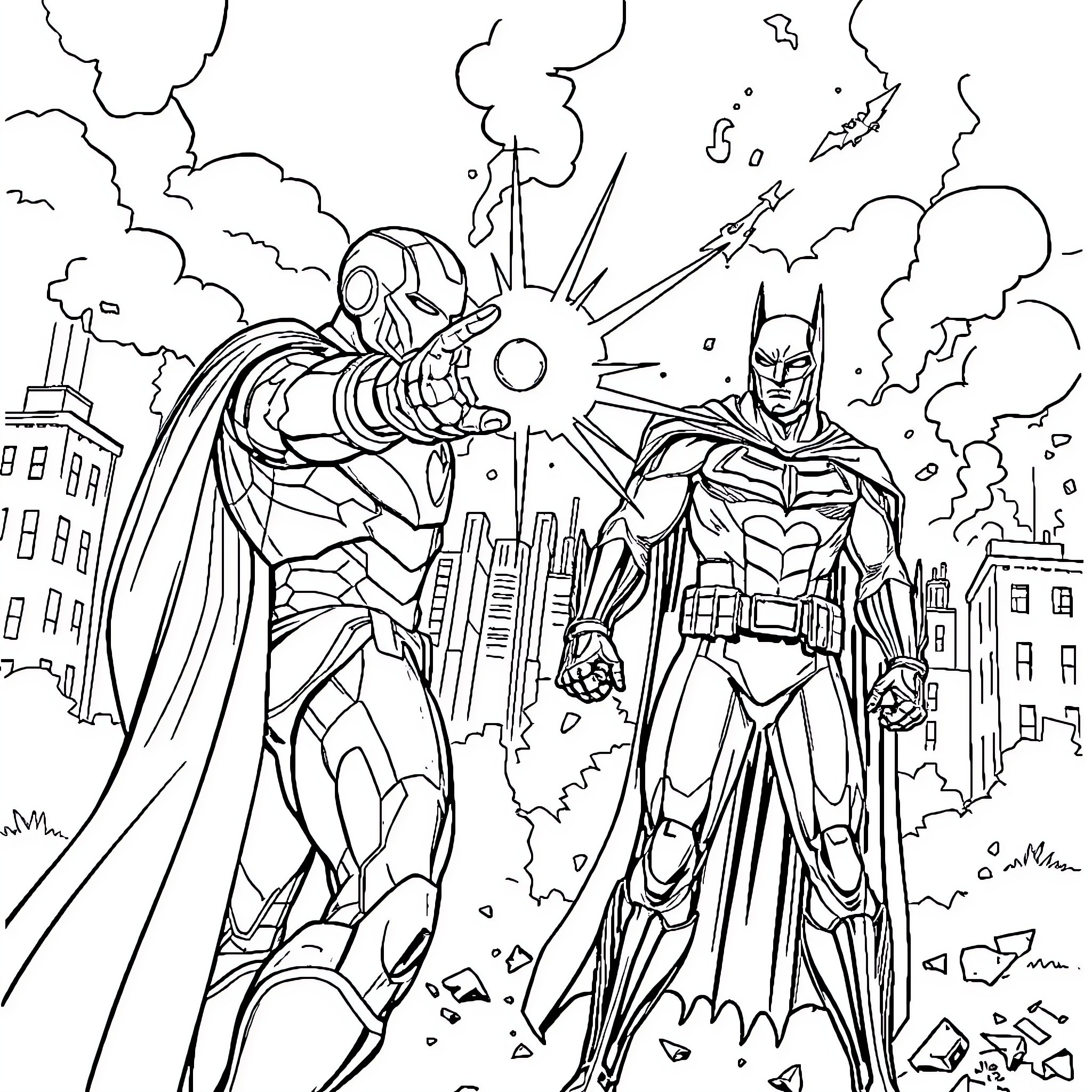 Iron Man and Batman battling in a city skyline Coloring Page (free black-and-white line drawing printable PDF for all, from beginners to advanced learners, including children, teens, adults, and seniors)