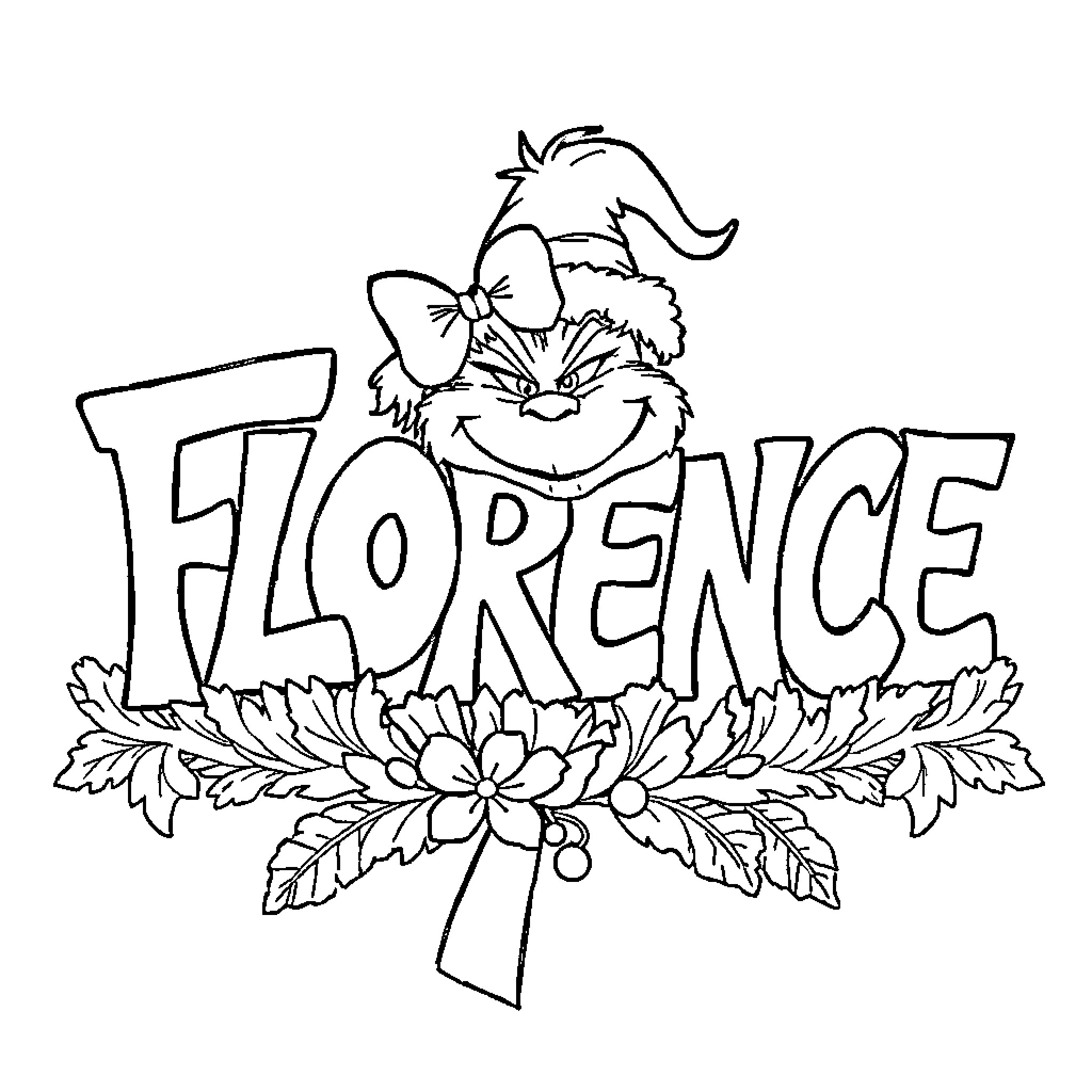 Grinch's Mischievous Antics with Floral Adornments Coloring Page (free black-and-white line drawing printable PDF for all, from beginners to advanced learners, including children, teens, adults, and seniors)