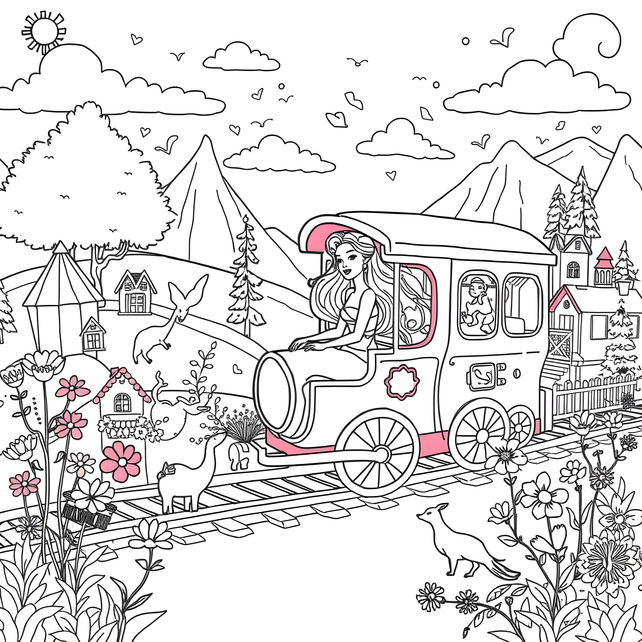 Barbie's Fairytale Journey in a Whimsical Carriage Coloring Page (free black-and-white line drawing printable PDF for all, from beginners to advanced learners, including children, teens, adults, and seniors)