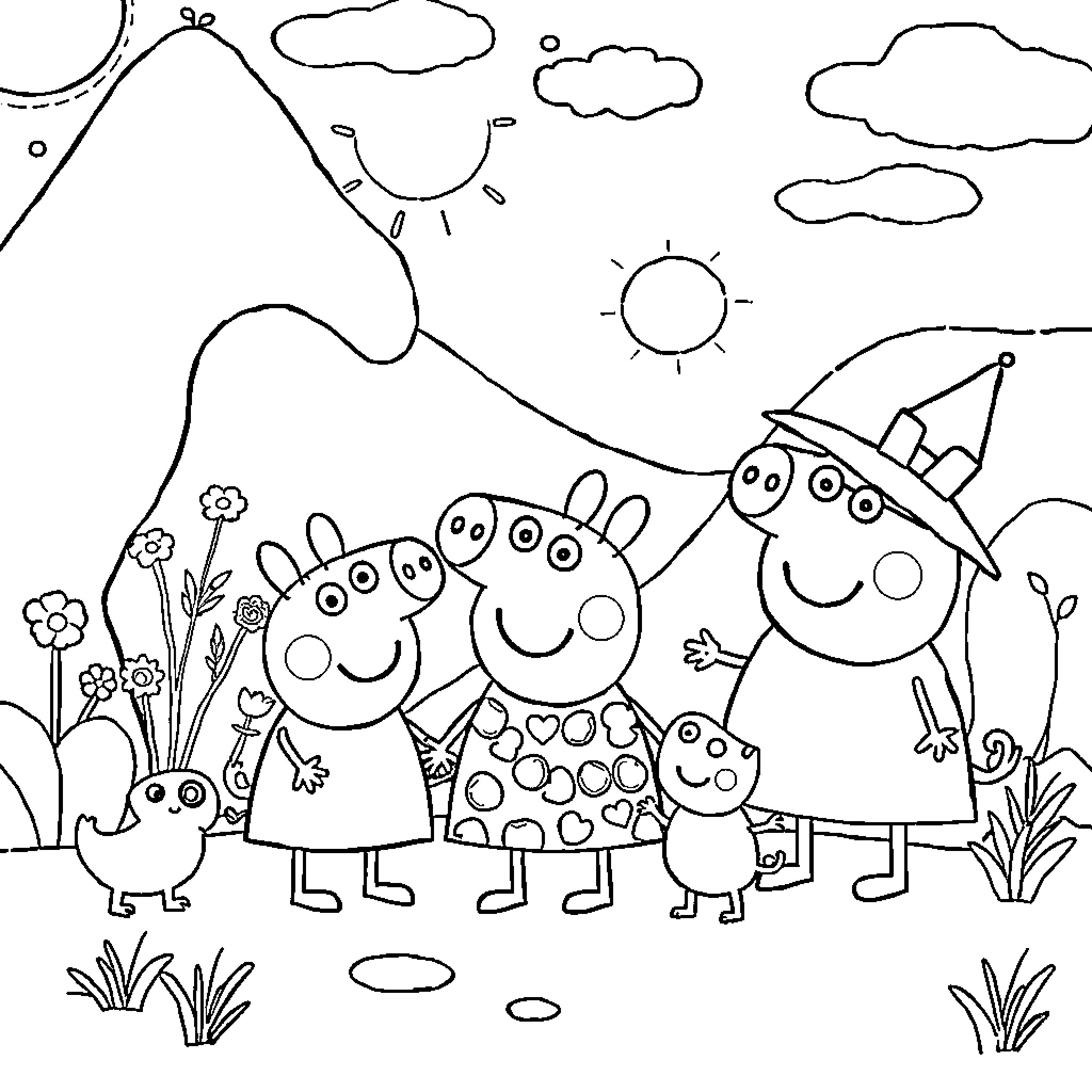 Peppa Pig family enjoying nature outdoors Coloring Page (free black-and-white line drawing printable PDF for all, from beginners to advanced learners, including children, teens, adults, and seniors)