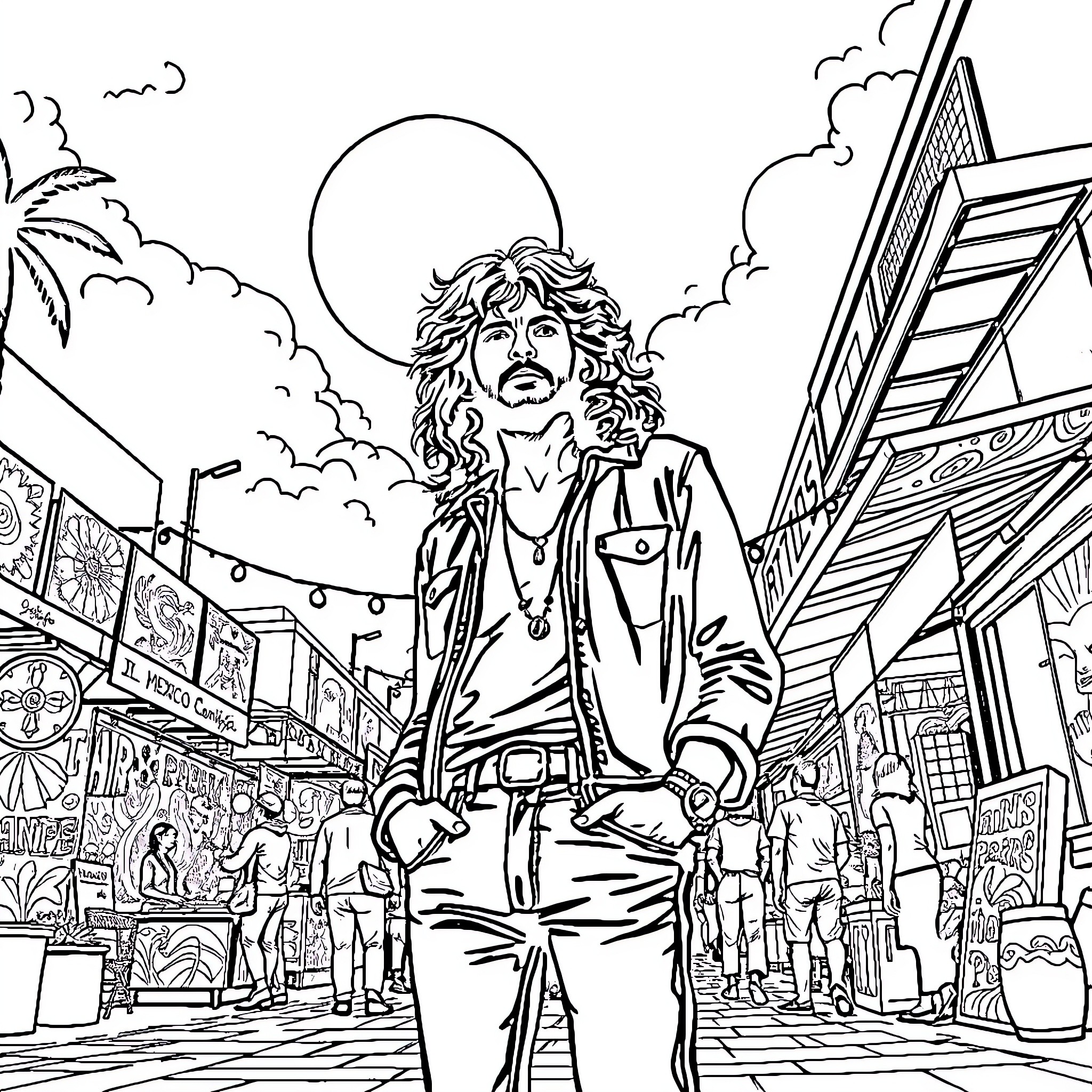 Jim Morrison strolling through a vibrant, bustling city scene Coloring Page (free black-and-white line drawing printable PDF for all, from beginners to advanced learners, including children, teens, adults, and seniors)