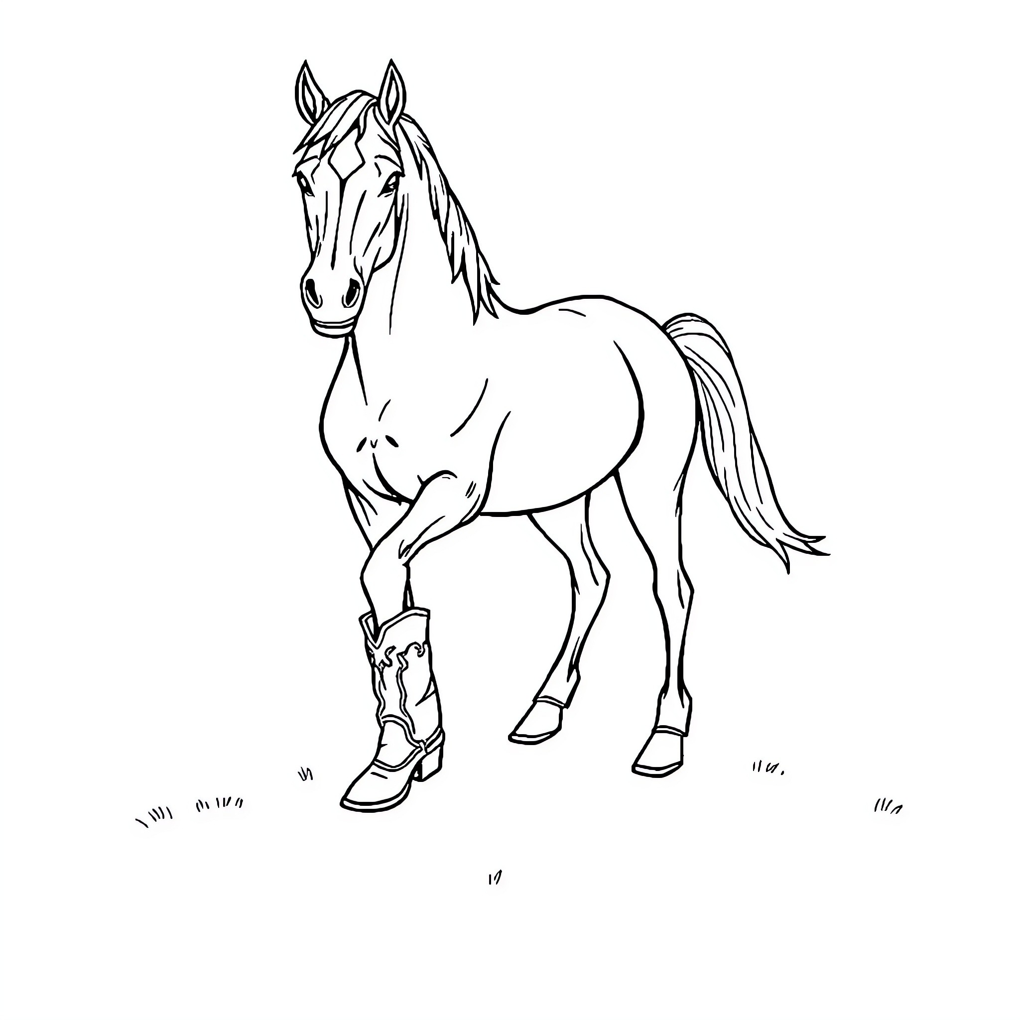 Horse wearing cowboy boots standing tall Coloring Page (free black-and-white line drawing printable PDF for all, from beginners to advanced learners, including children, teens, adults, and seniors)