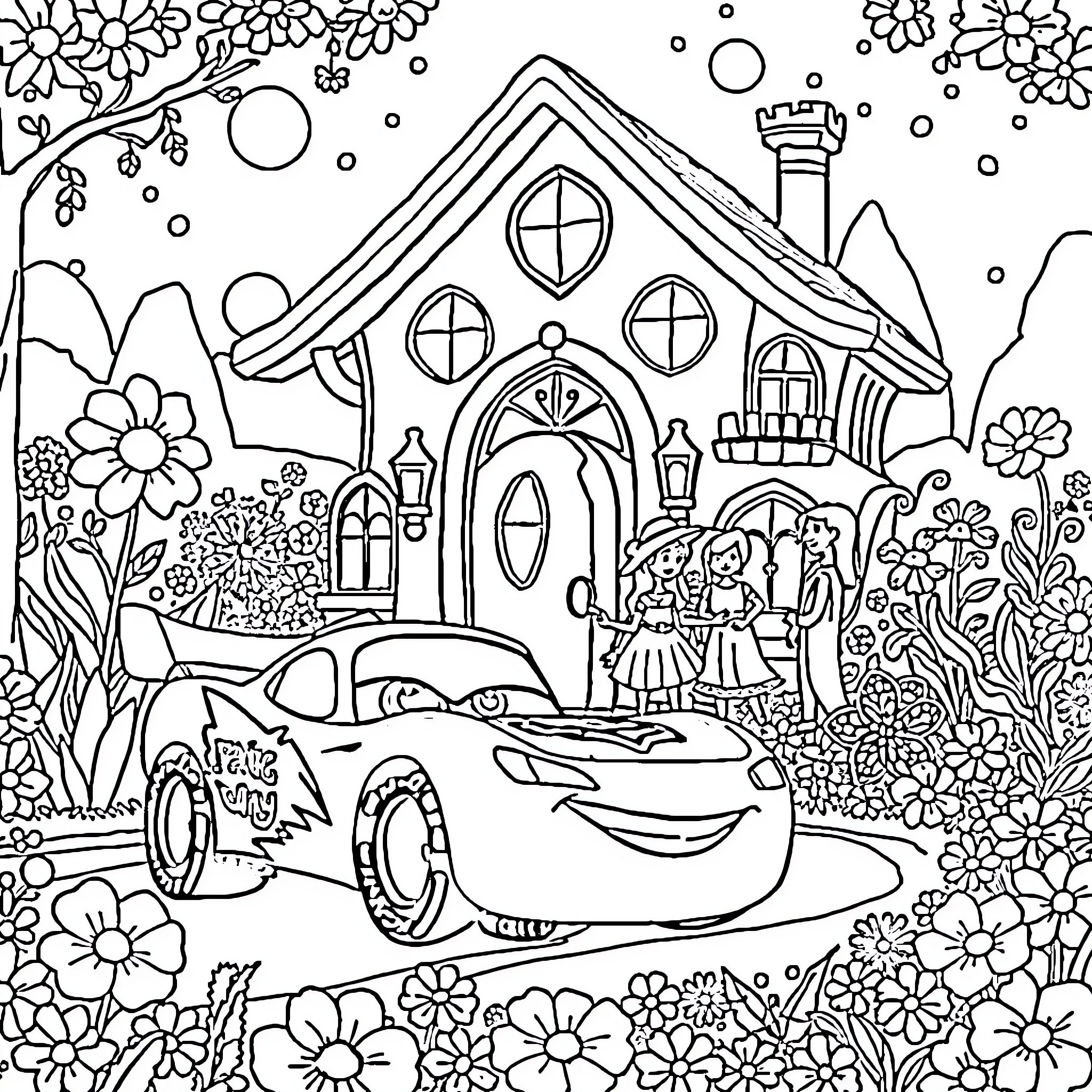 Flash MacQueen's Enchanting Adventure in a Whimsical World Coloring Page (free black-and-white line drawing printable PDF for all, from beginners to advanced learners, including children, teens, adults, and seniors)