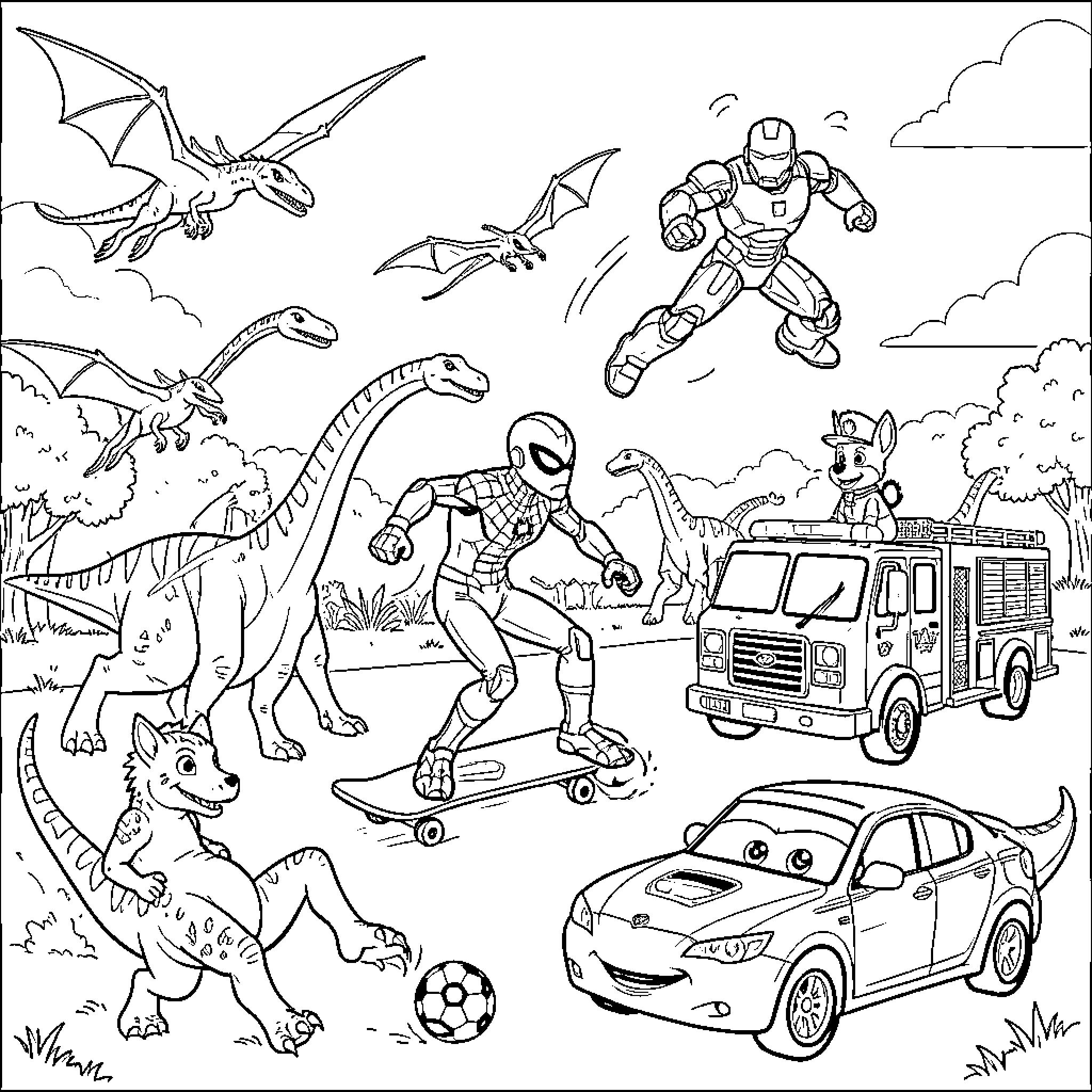 Dinosaur and characters playing together in a busy scene Coloring Page (free black-and-white line drawing printable PDF for all, from beginners to advanced learners, including children, teens, adults, and seniors)
