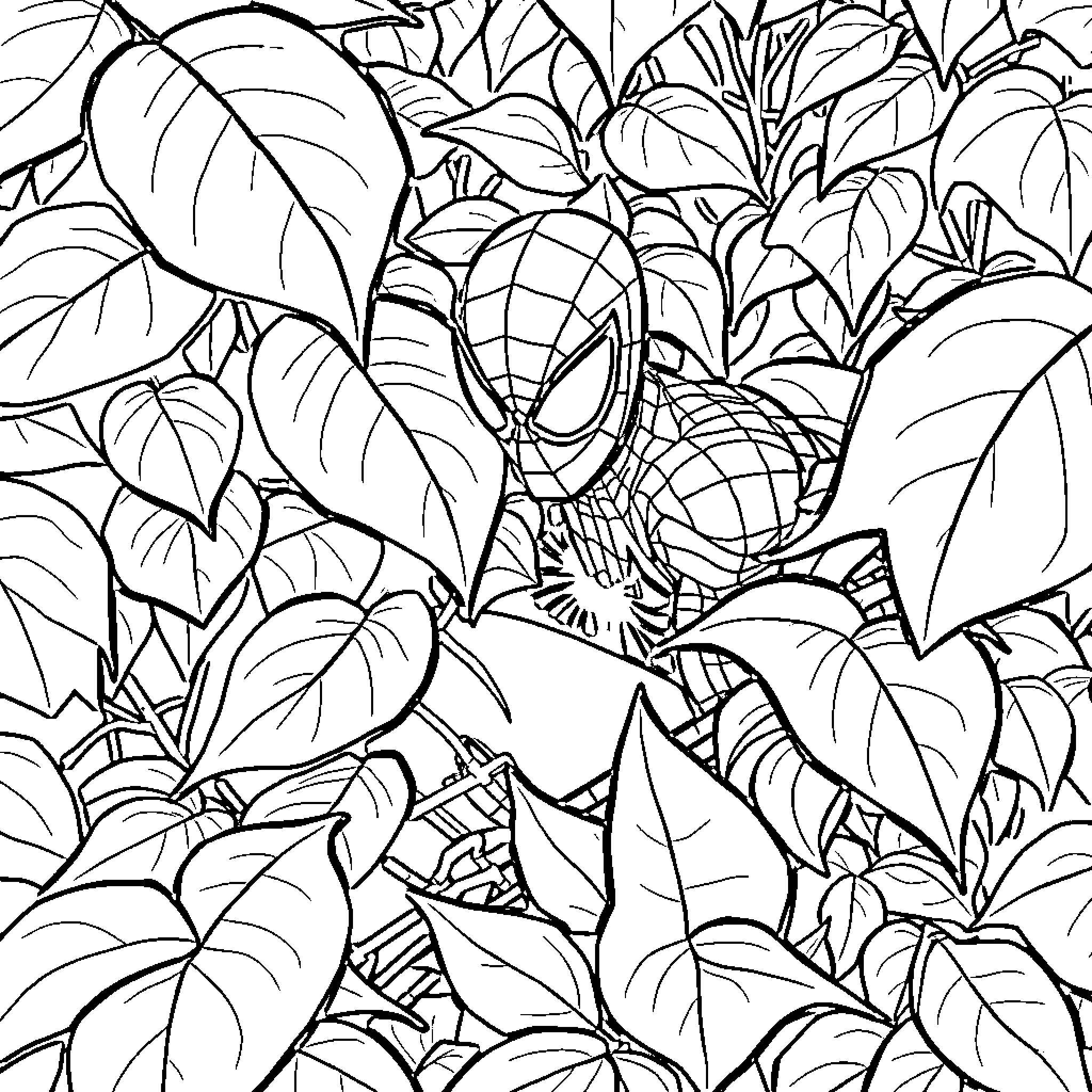 Spiderman swinging through jungle foliage Coloring Page (free black-and-white line drawing printable PDF for all, from beginners to advanced learners, including children, teens, adults, and seniors)