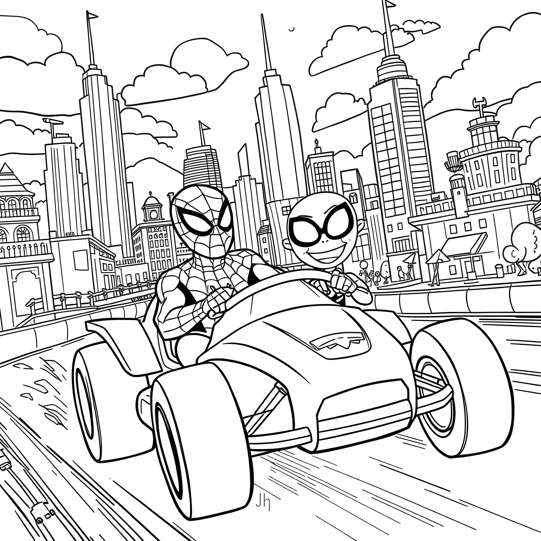 Spiderman racing through the city in a futuristic vehicle Coloring Page (free black-and-white line drawing printable PDF for all, from beginners to advanced learners, including children, teens, adults, and seniors)