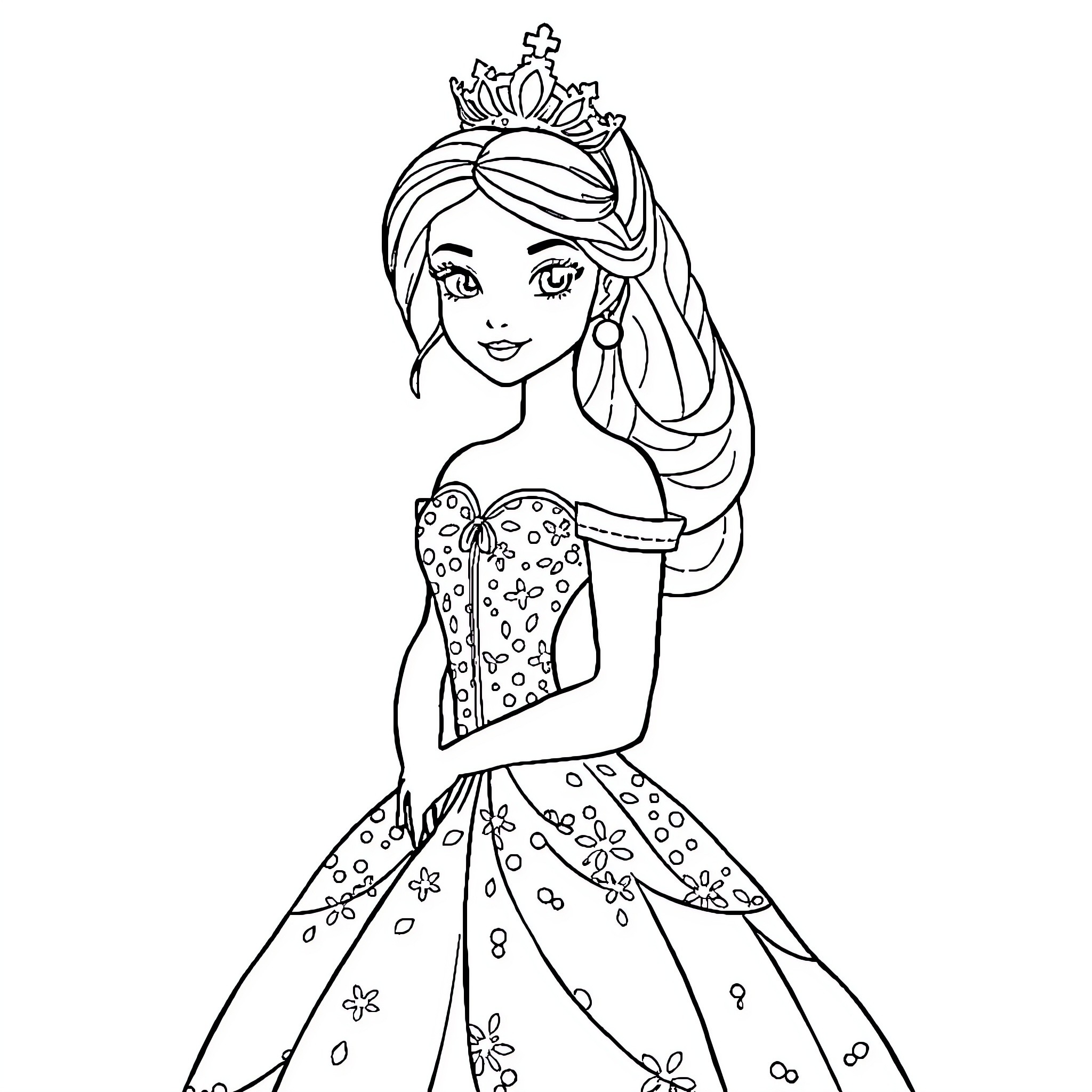 Princess in Elegant Floral Dress Coloring Page (free black-and-white line drawing printable PDF for all, from beginners to advanced learners, including children, teens, adults, and seniors)