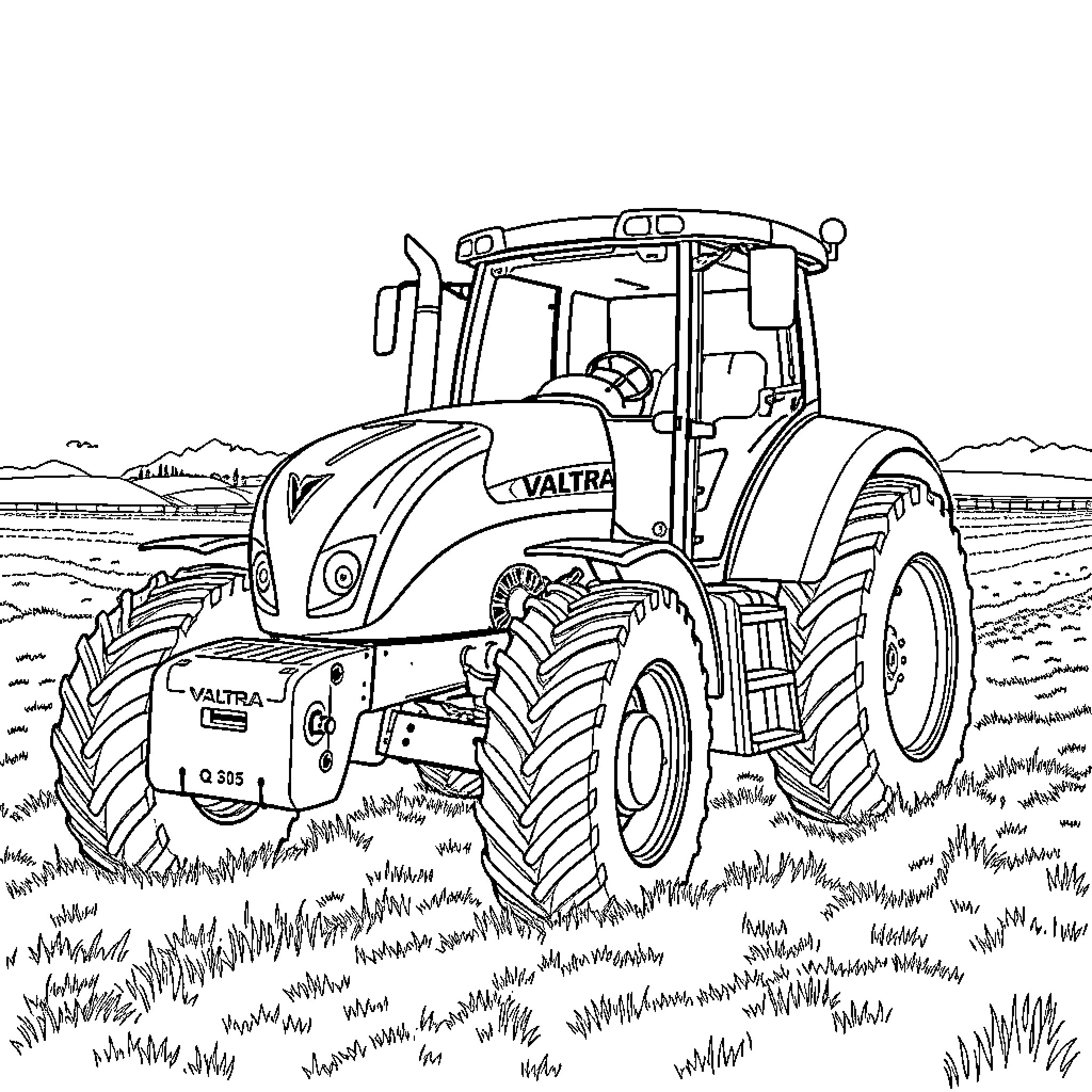 Valtra Q305 Tractor in Rural Countryside Coloring Page (free black-and-white line drawing printable PDF for all, from beginners to advanced learners, including children, teens, adults, and seniors)