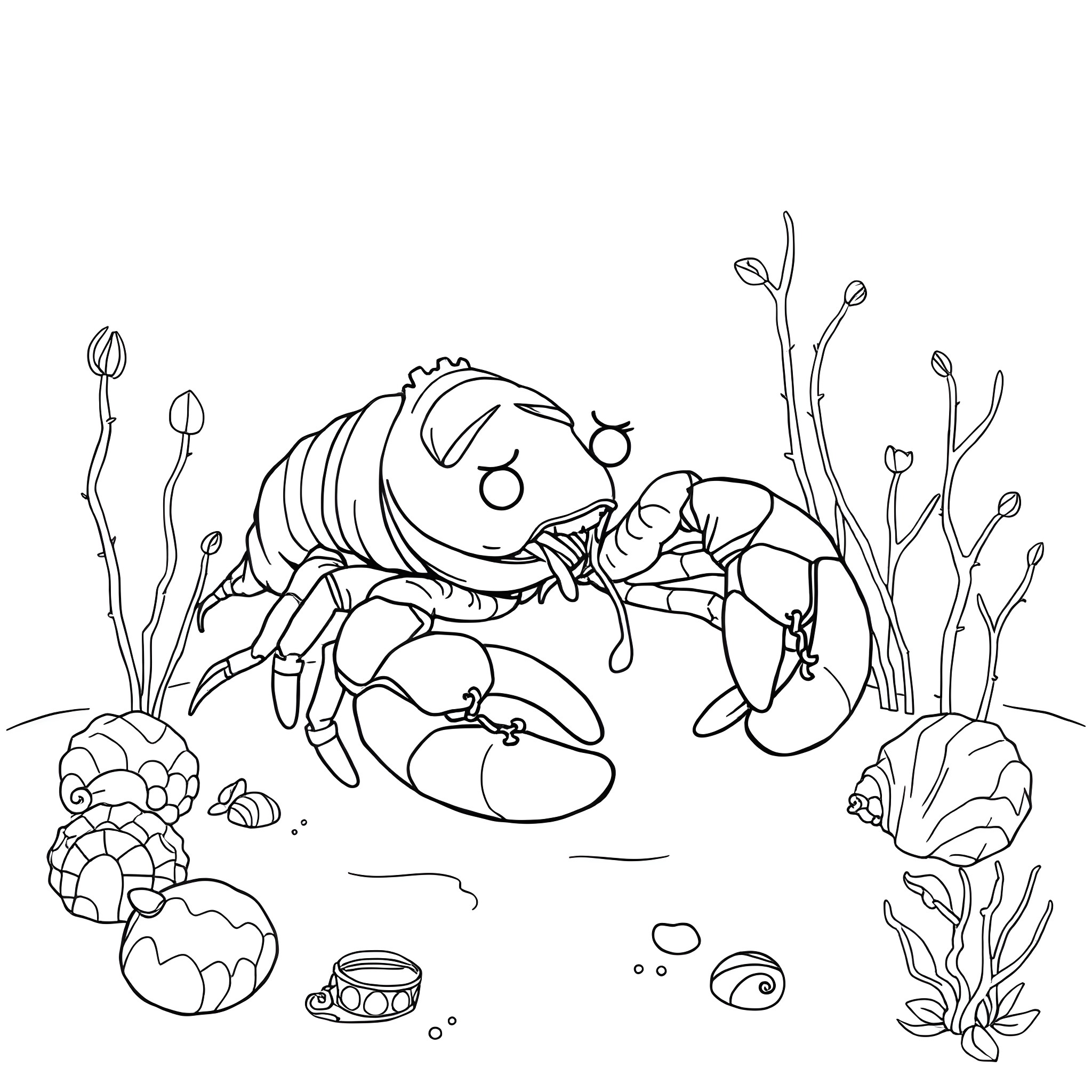 Lobster resting among seabed vegetation Coloring Page (free black-and-white line drawing printable PDF for all, from beginners to advanced learners, including children, teens, adults, and seniors)