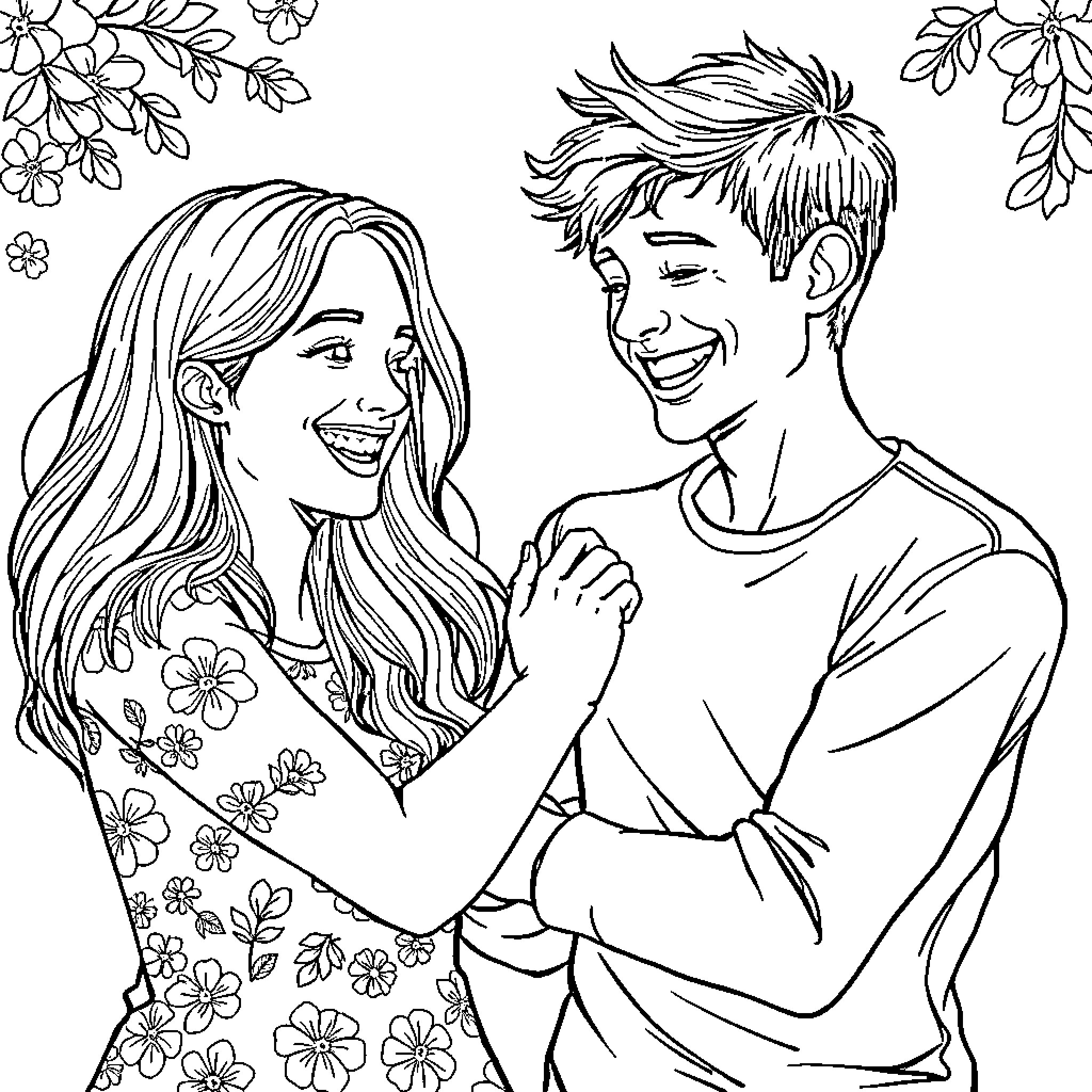 Moment of affectionate connection between a couple Coloring Page (free black-and-white line drawing printable PDF for all, from beginners to advanced learners, including children, teens, adults, and seniors)