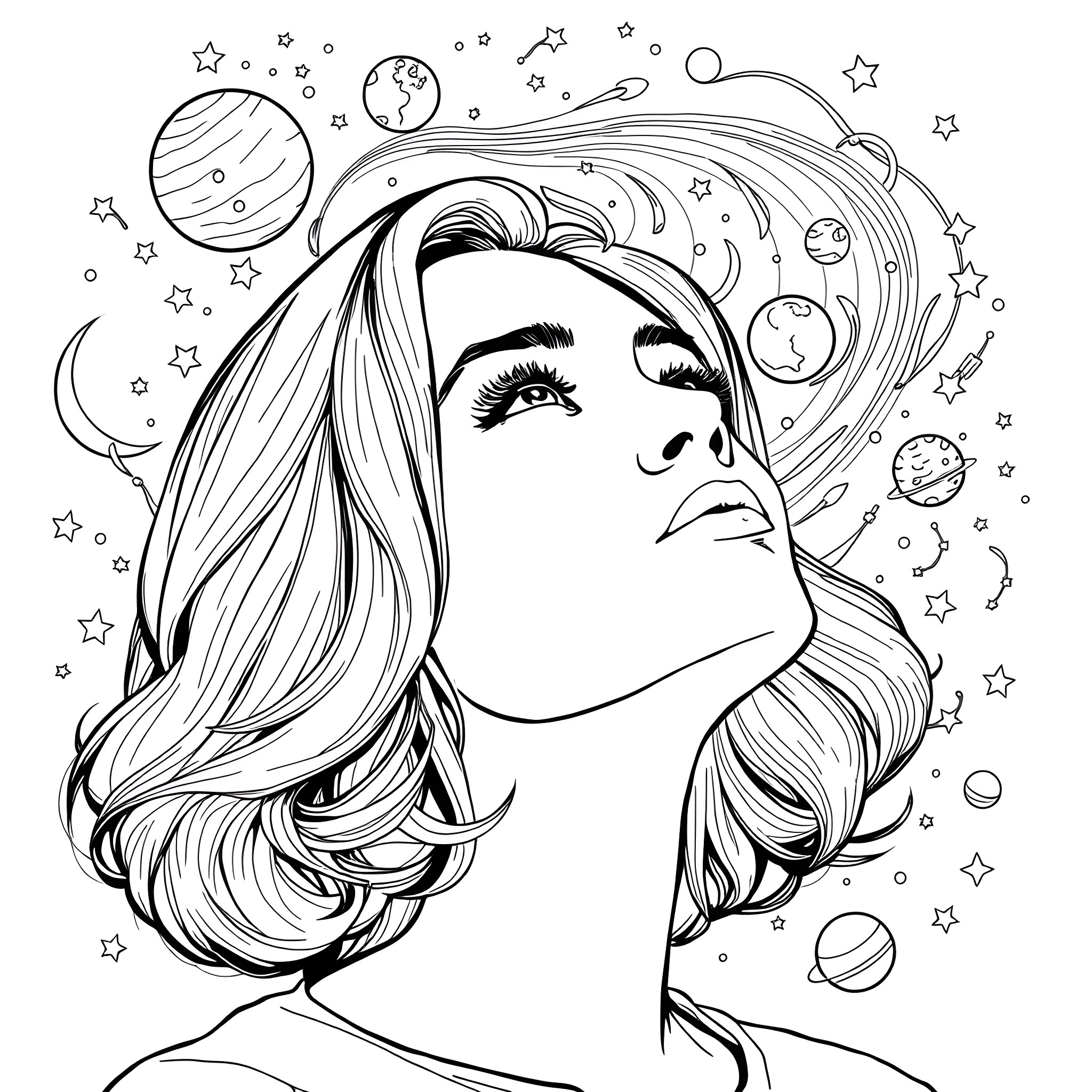 Woman gazing at the cosmic universe Coloring Page (free black-and-white line drawing printable PDF for all, from beginners to advanced learners, including children, teens, adults, and seniors)