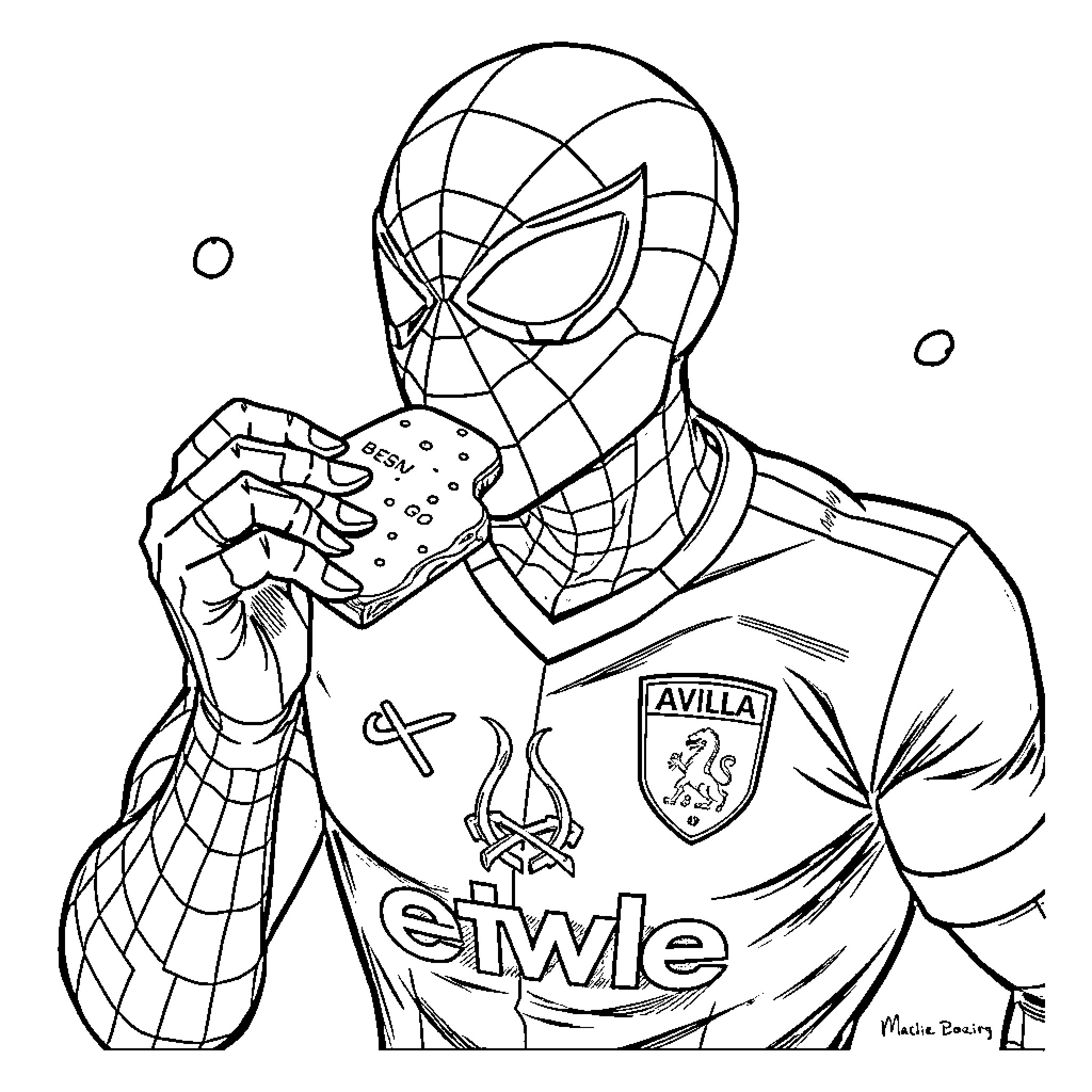 Spiderman in soccer uniform kicking soccer ball Coloring Page (free black-and-white line drawing printable PDF for all, from beginners to advanced learners, including children, teens, adults, and seniors)