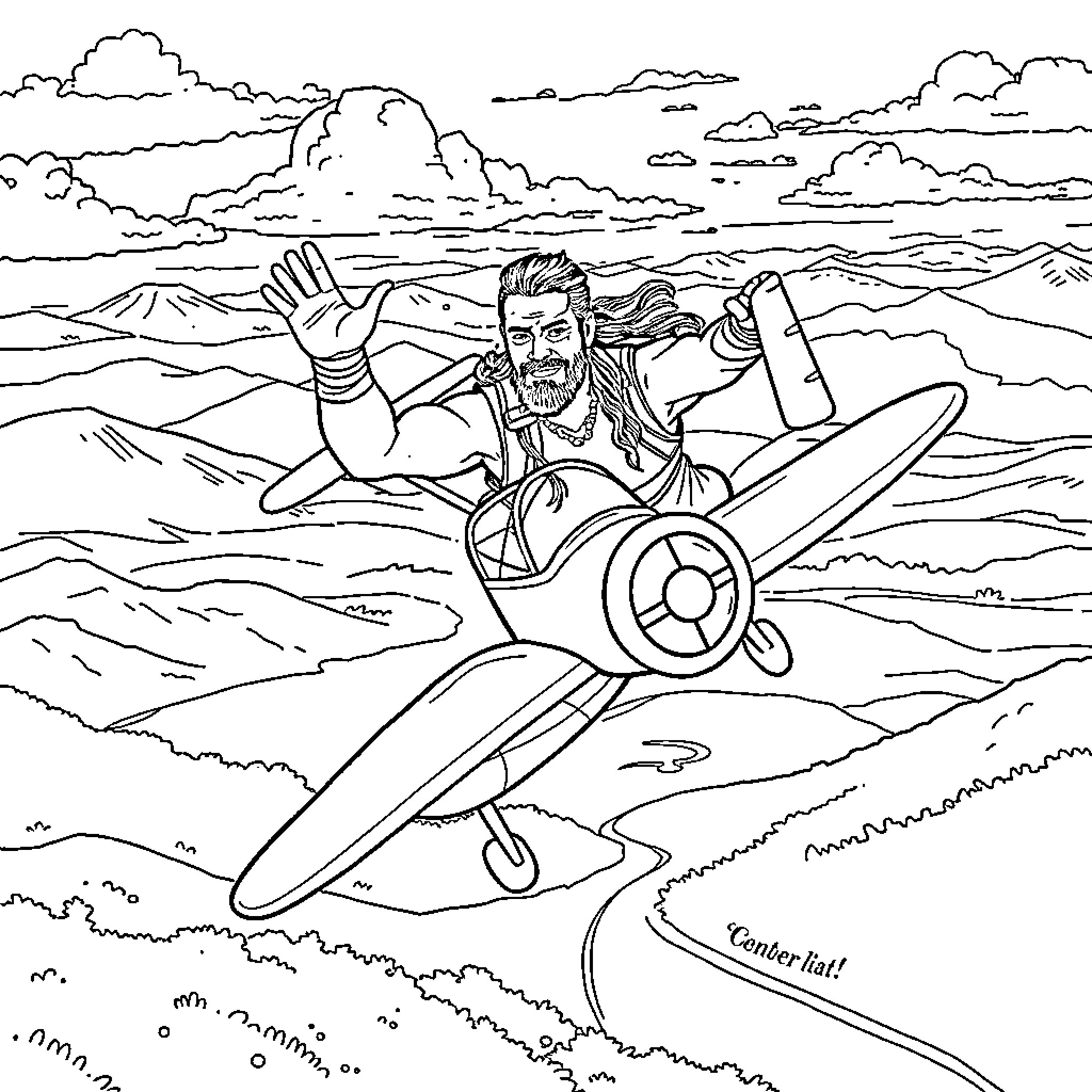 Roman Reigns soaring through the skies in a propeller plane Coloring Page (free black-and-white line drawing printable PDF for all, from beginners to advanced learners, including children, teens, adults, and seniors)