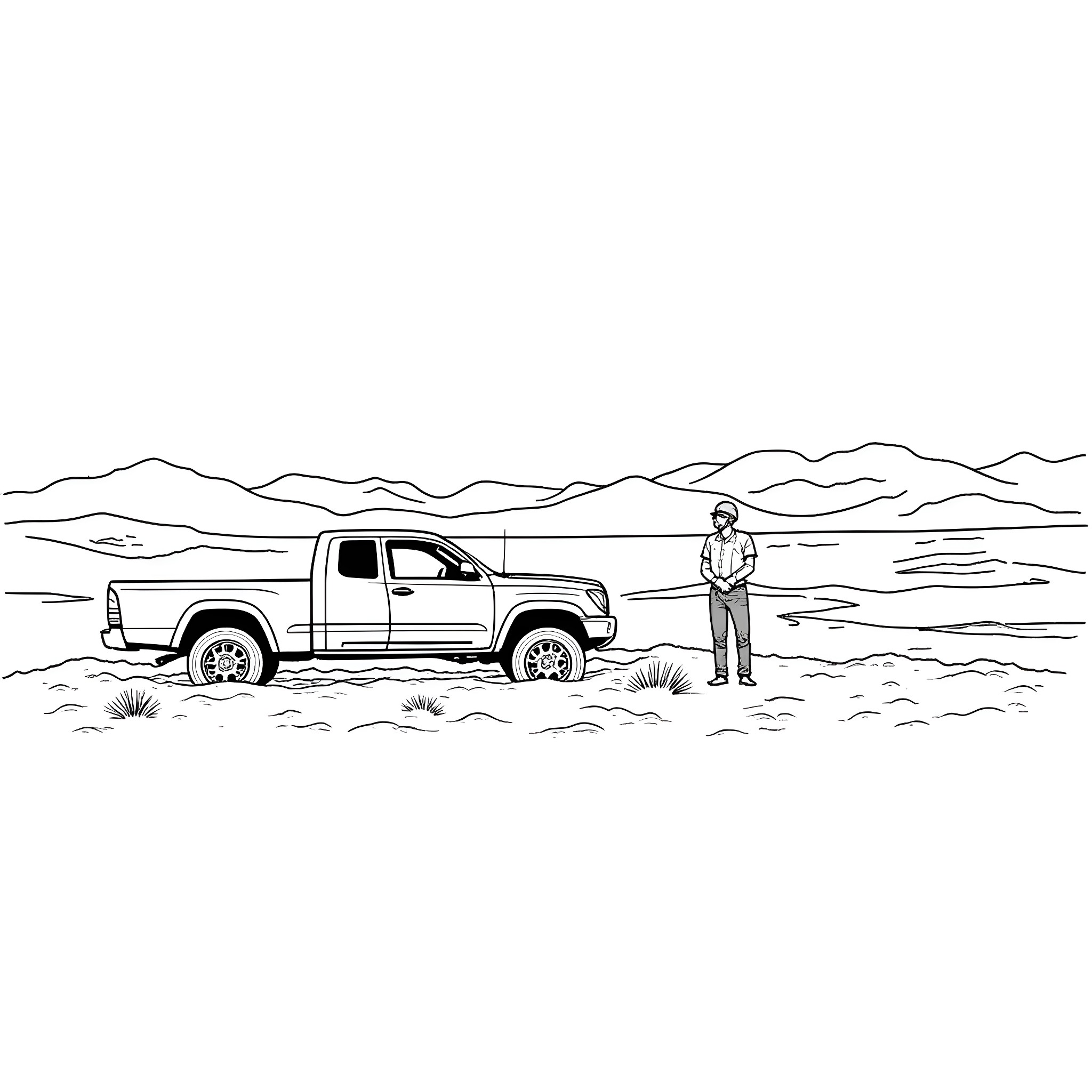 Man examining pickup truck in desert landscape Coloring Page (free black-and-white line drawing printable PDF for all, from beginners to advanced learners, including children, teens, adults, and seniors)
