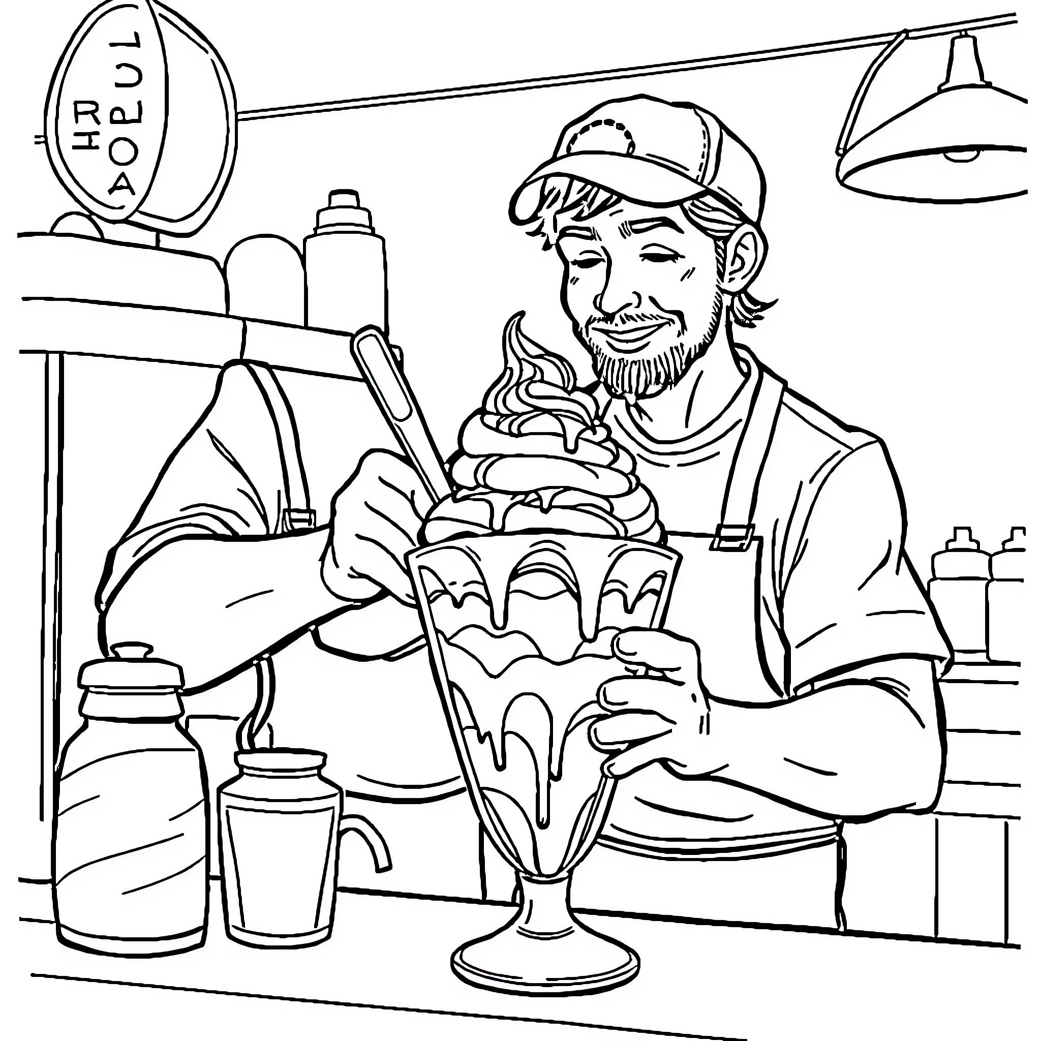 Soda Jerk serving up tasty treats Coloring Page (free black-and-white line drawing printable PDF for all, from beginners to advanced learners, including children, teens, adults, and seniors)
