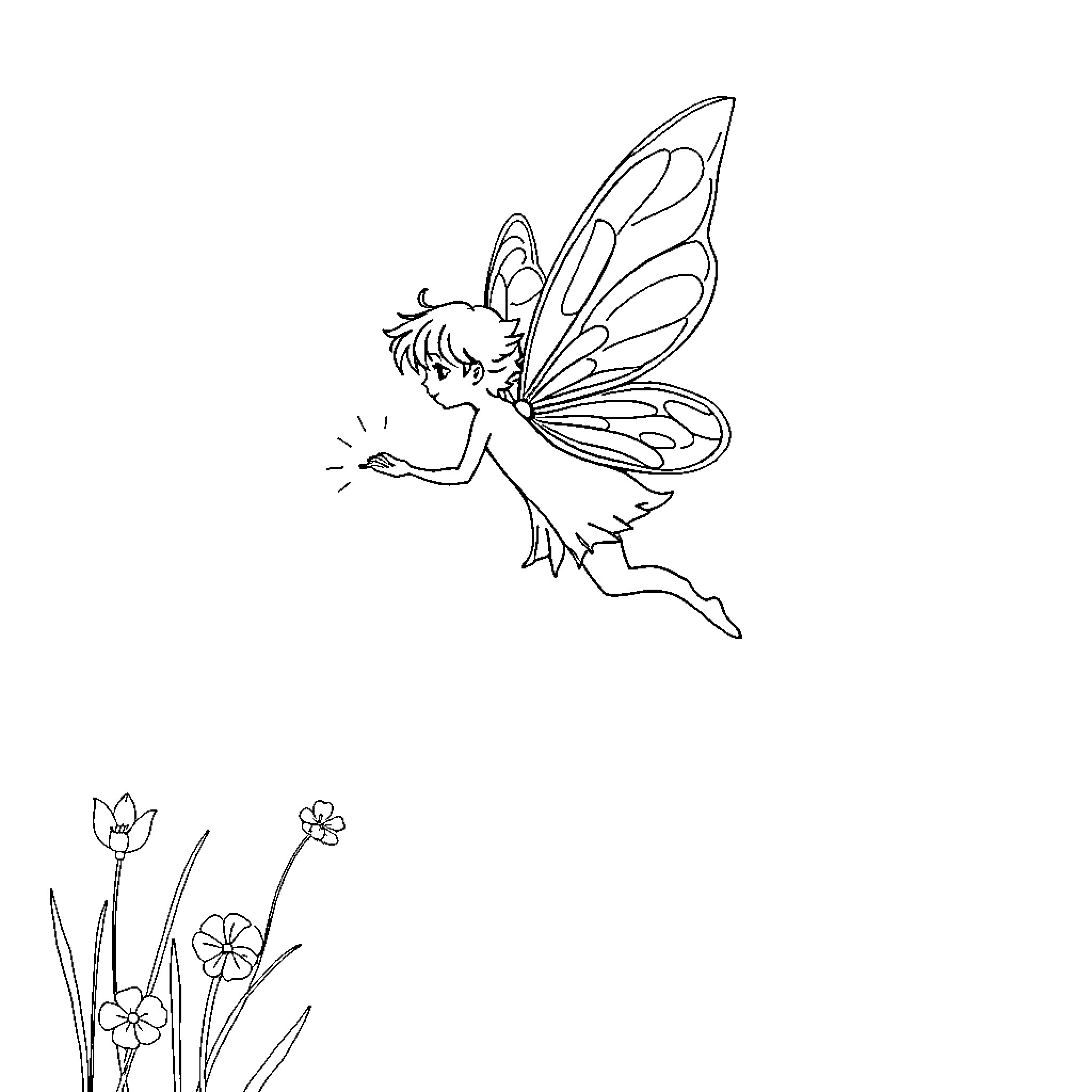 Fairy flying gracefully in a floral scene Coloring Page (free black-and-white line drawing printable PDF for all, from beginners to advanced learners, including children, teens, adults, and seniors)