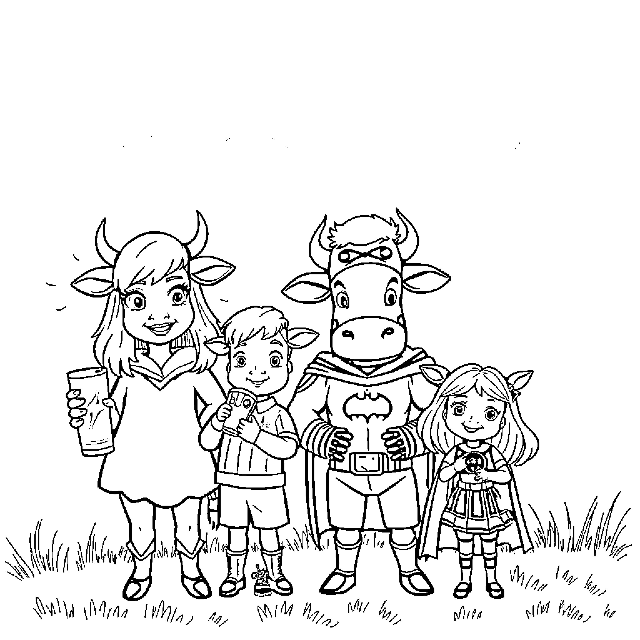 Highland Cow Family Enjoying Outdoor Adventure Coloring Page (free black-and-white line drawing printable PDF for all, from beginners to advanced learners, including children, teens, adults, and seniors)