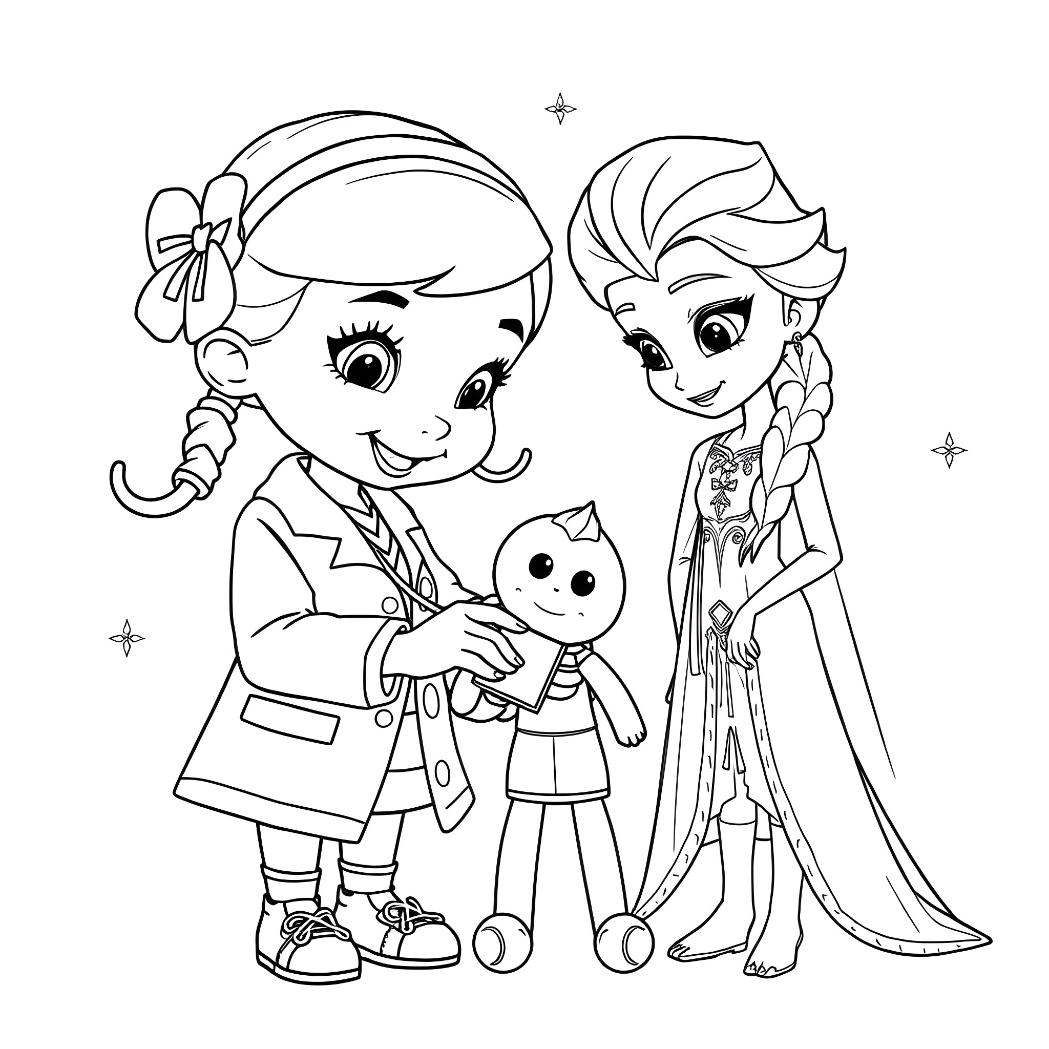 Doc McStuffins and Friends in a Playful Scene Coloring Page (free black-and-white line drawing printable PDF for all, from beginners to advanced learners, including children, teens, adults, and seniors)