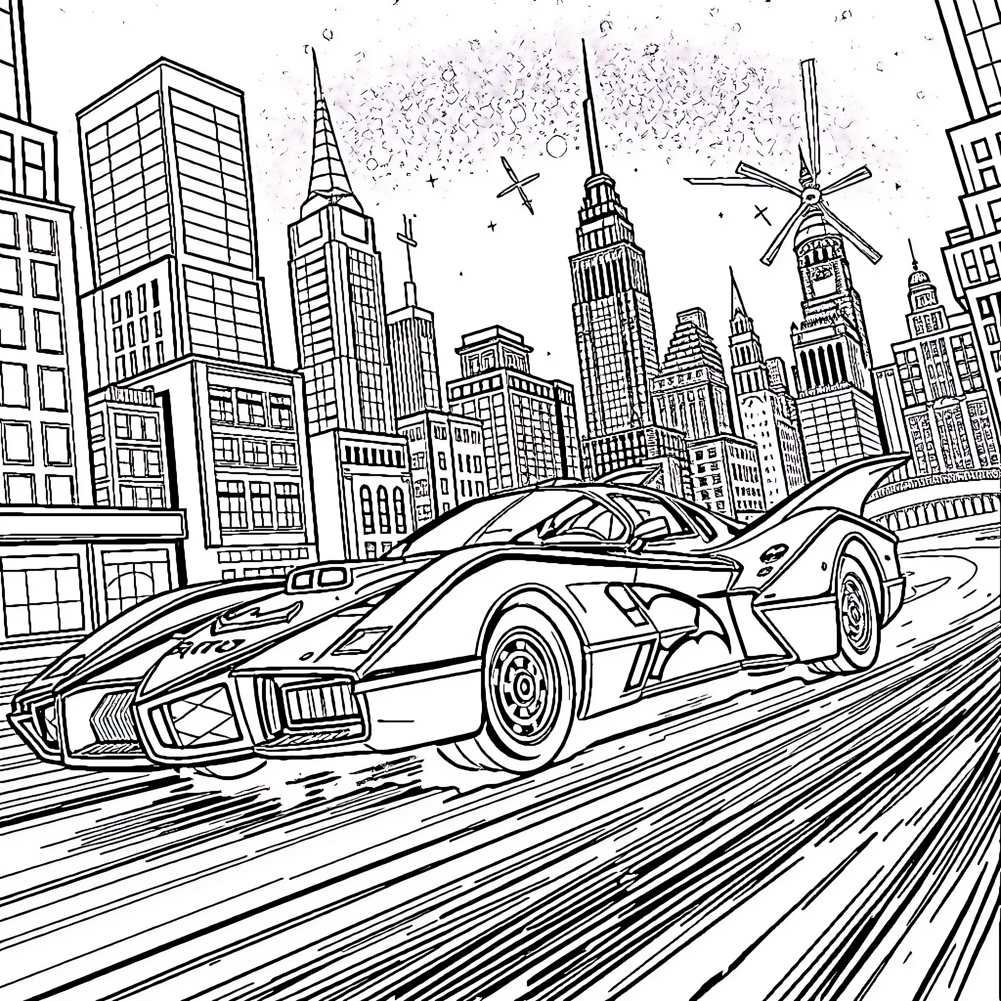 Batmobile speeding through the city skyline Coloring Page (free black-and-white line drawing printable PDF for all, from beginners to advanced learners, including children, teens, adults, and seniors)