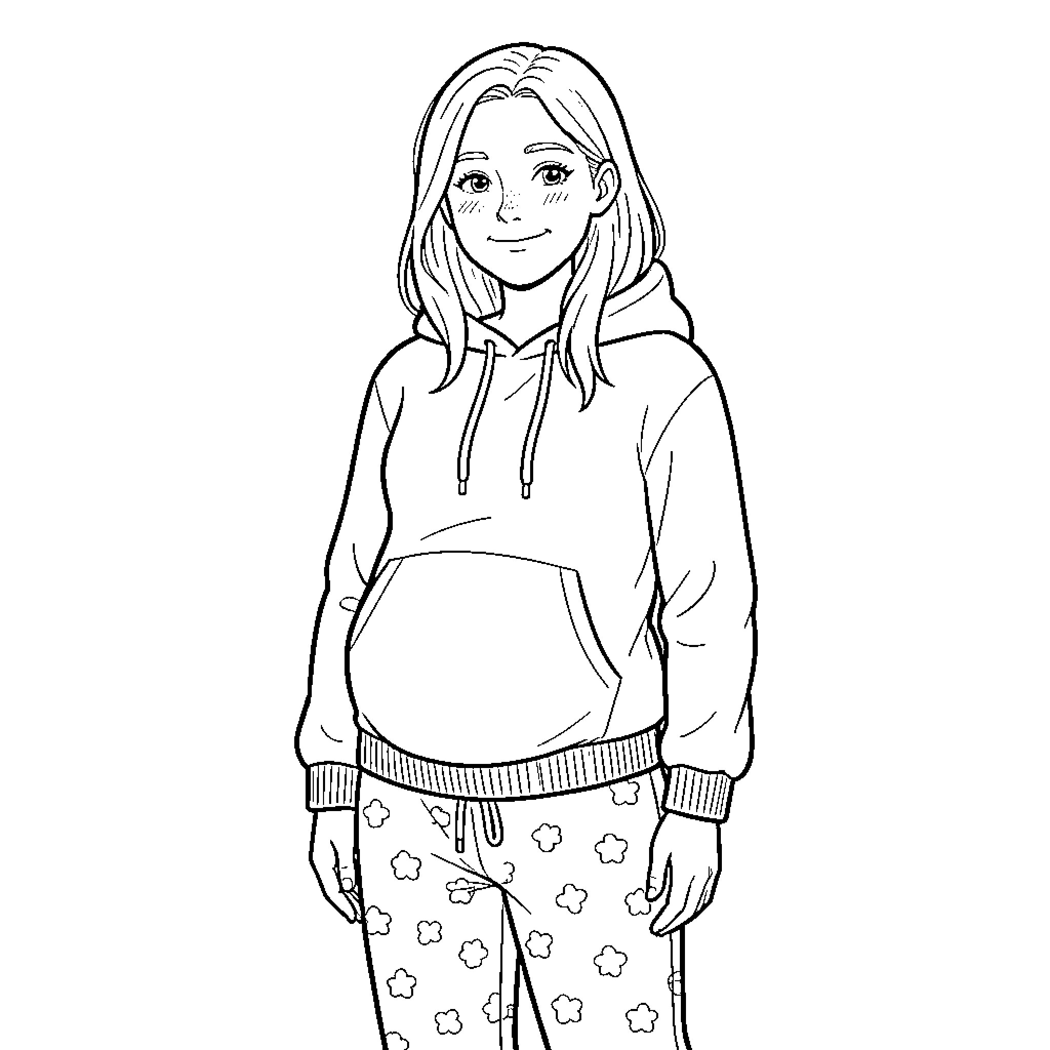 Teen in Casual Hoodie and Star-Patterned Pants Coloring Page (free black-and-white line drawing printable PDF for all, from beginners to advanced learners, including children, teens, adults, and seniors)