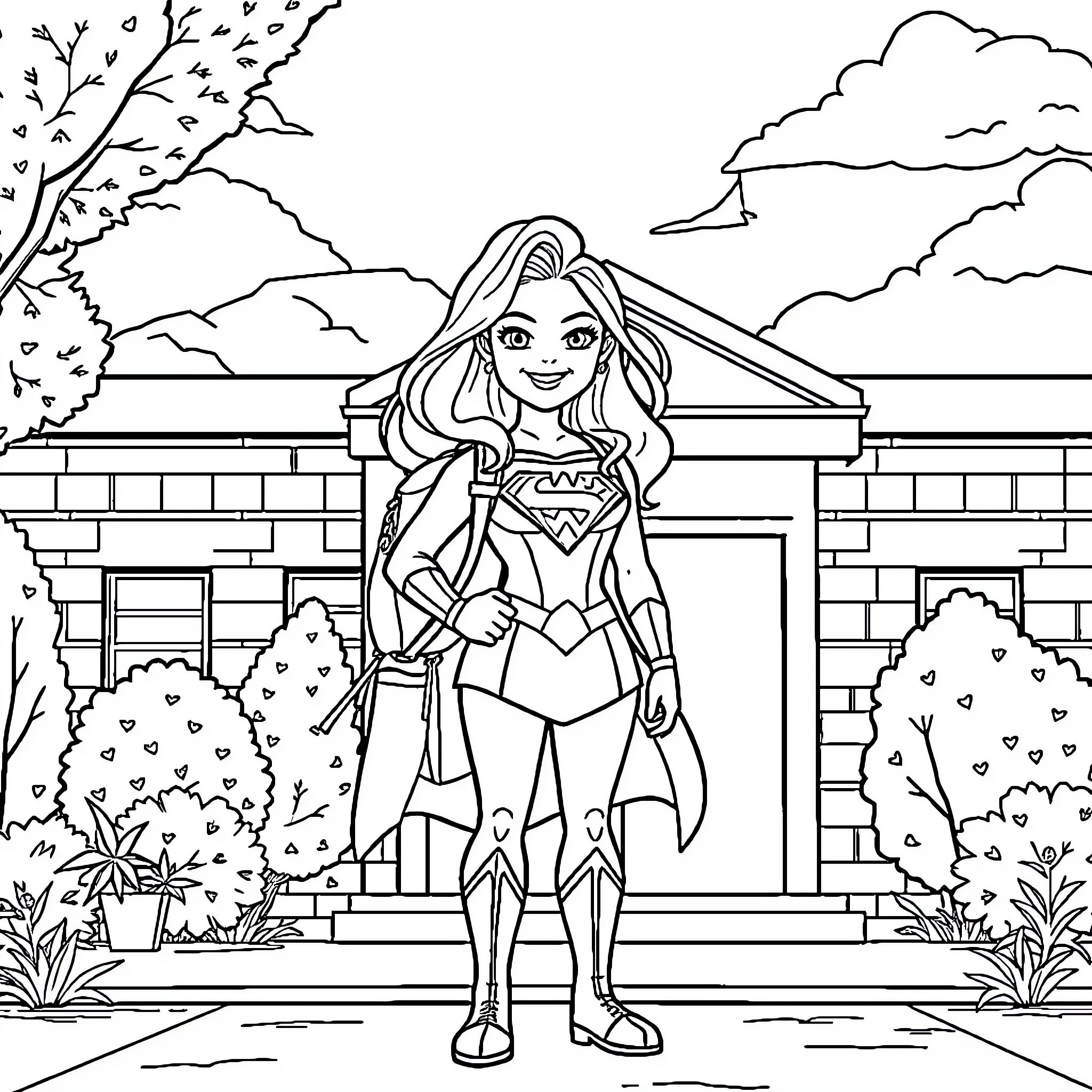 Superwoman posing confidently on a sunny day Coloring Page (free black-and-white line drawing printable PDF for all, from beginners to advanced learners, including children, teens, adults, and seniors)