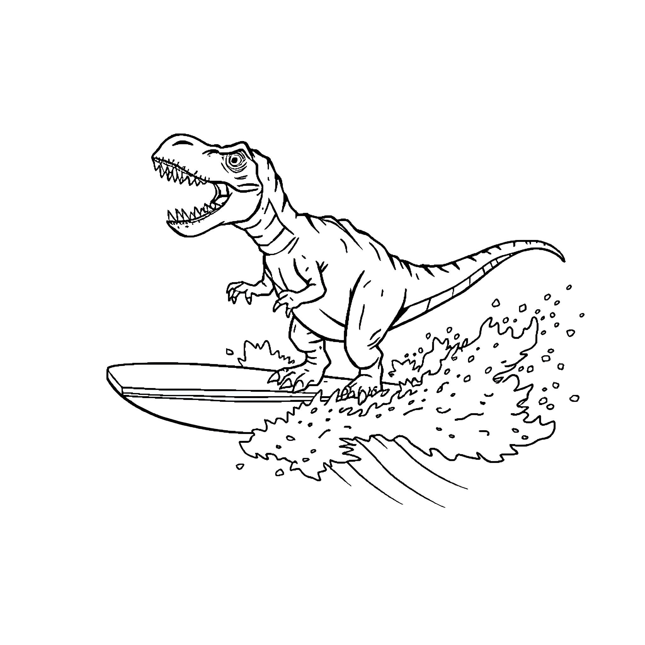 Dinosaur surfing on a wave Coloring Page (free black-and-white line drawing printable PDF for all, from beginners to advanced learners, including children, teens, adults, and seniors)