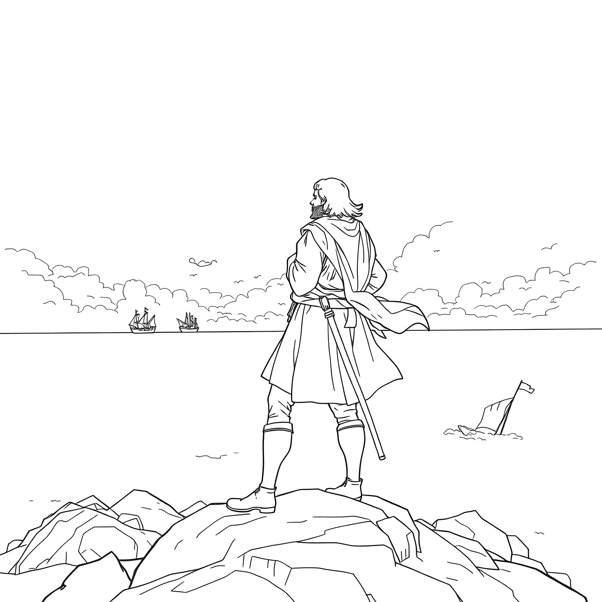 John Smith gazing at the open sea from a rocky cliff Coloring Page (free black-and-white line drawing printable PDF for all, from beginners to advanced learners, including children, teens, adults, and seniors)