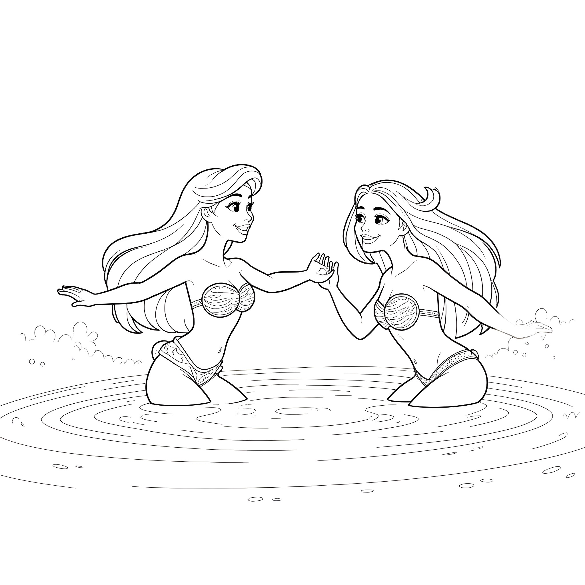 Princesses dancing gracefully in the water Coloring Page (free black-and-white line drawing printable PDF for all, from beginners to advanced learners, including children, teens, adults, and seniors)