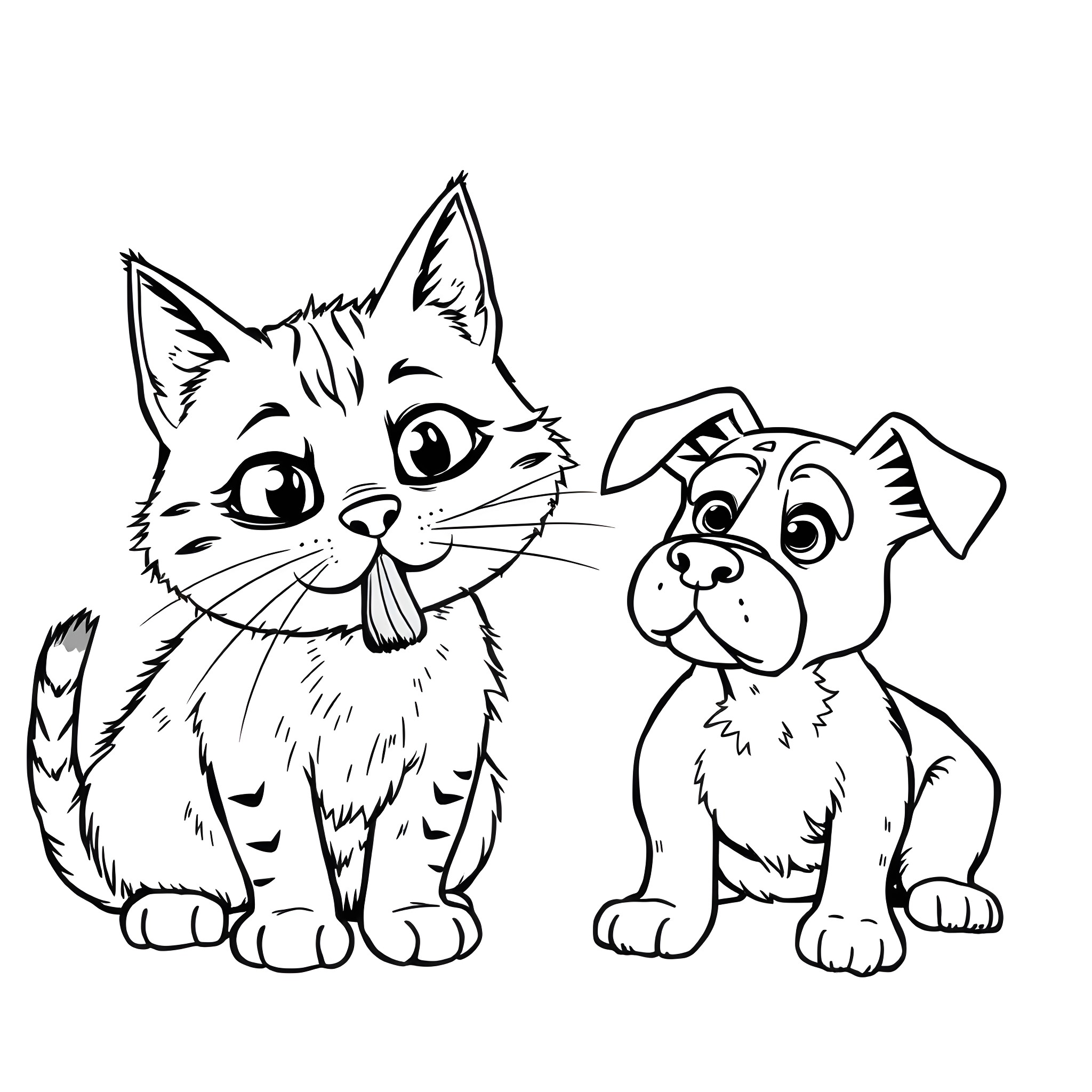 Cat and Dog Friends Illustration Coloring Page (free black-and-white line drawing printable PDF for all, from beginners to advanced learners, including children, teens, adults, and seniors)