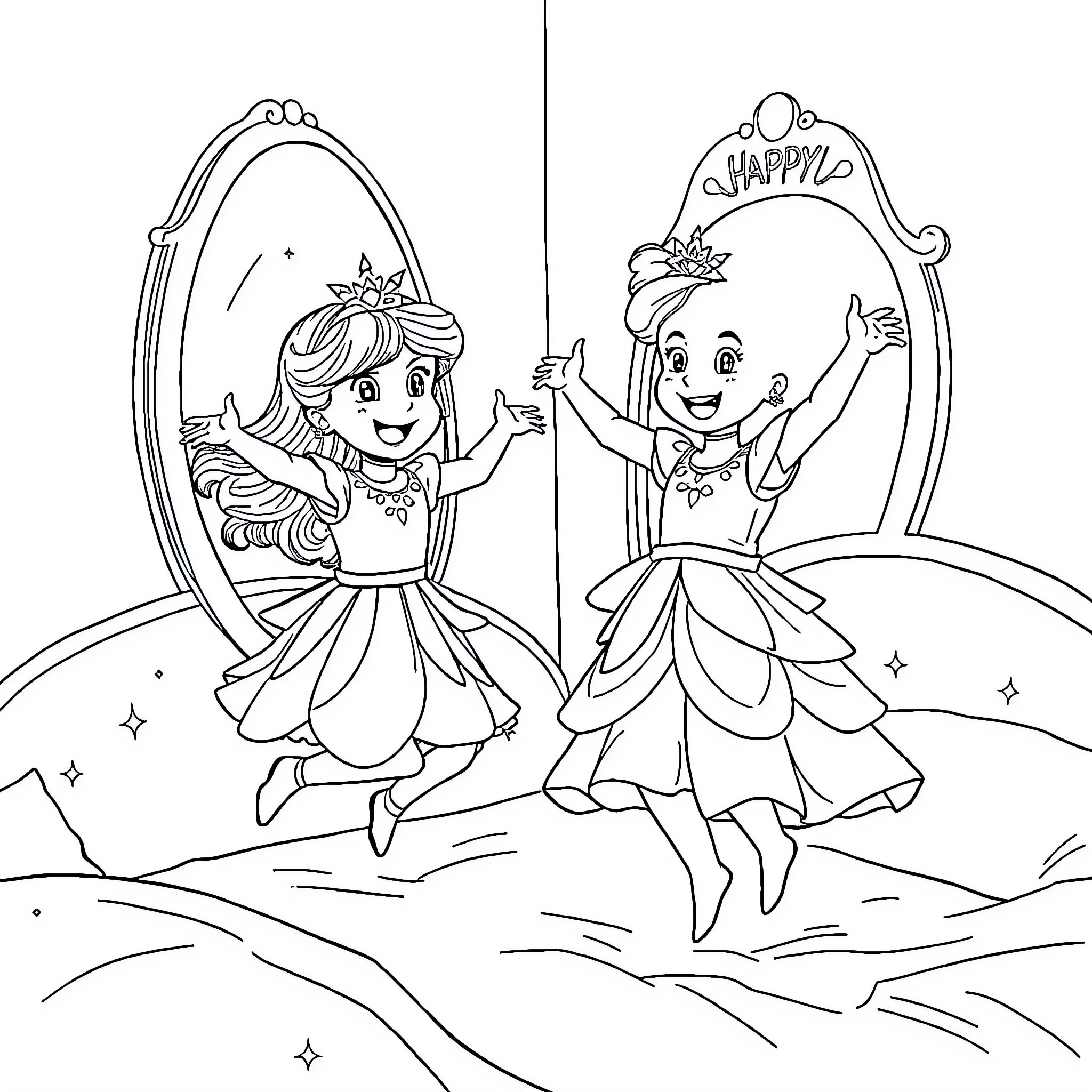 Princess Ballerina Sisters Dancing Joyfully Coloring Page (free black-and-white line drawing printable PDF for all, from beginners to advanced learners, including children, teens, adults, and seniors)