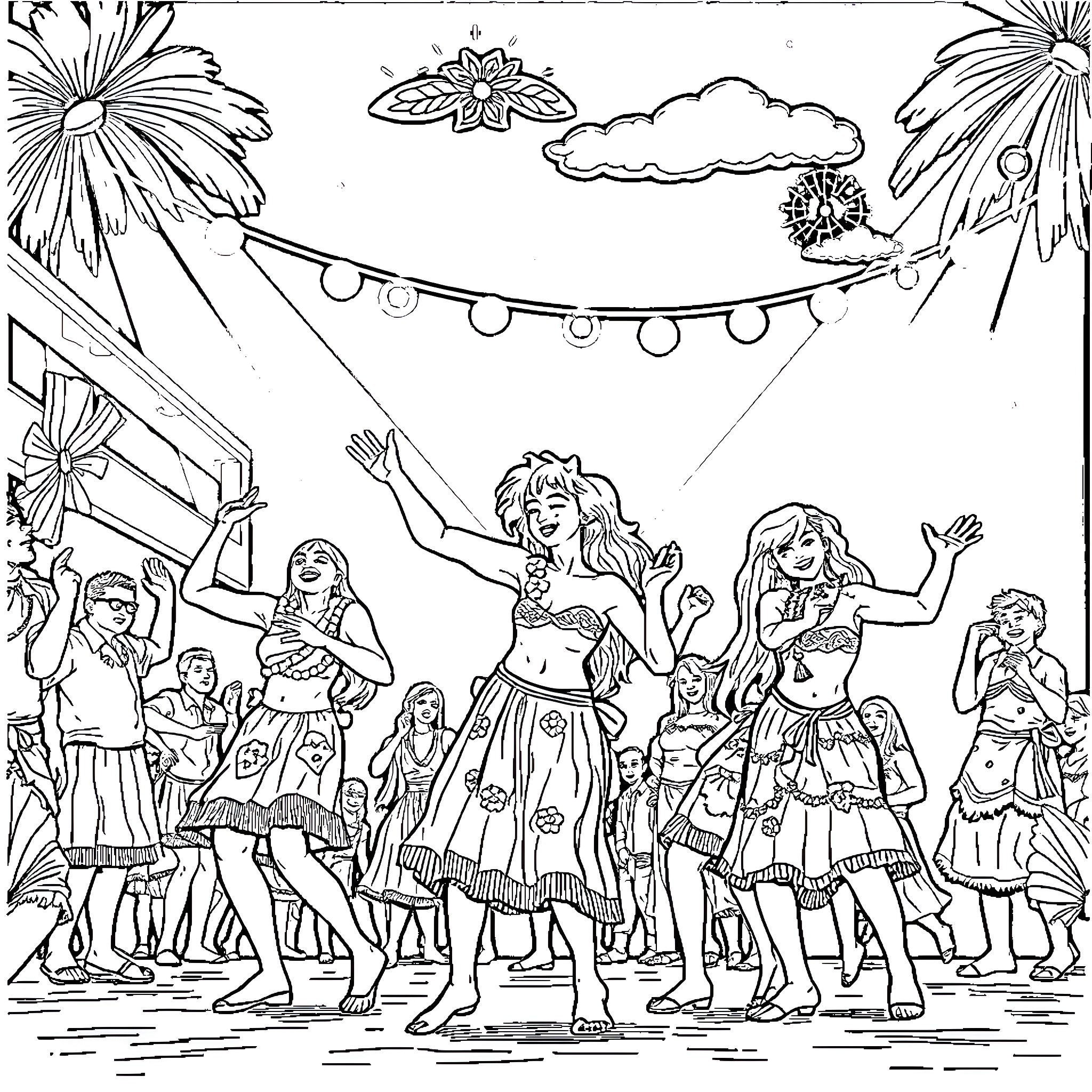 Lapupu's Vibrant Festival Celebration Coloring Page (free black-and-white line drawing printable PDF for all, from beginners to advanced learners, including children, teens, adults, and seniors)