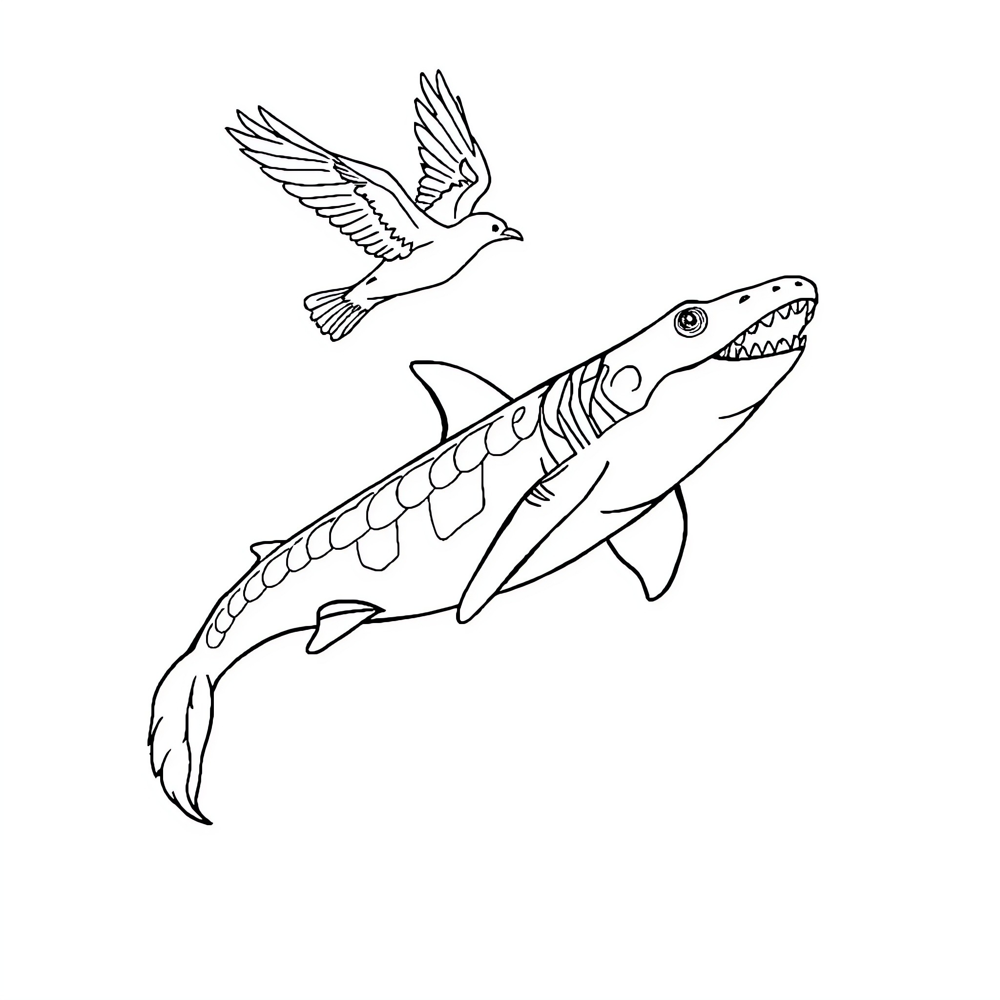 Tiburon chasing a bird in the sky Coloring Page (free black-and-white line drawing printable PDF for all, from beginners to advanced learners, including children, teens, adults, and seniors)