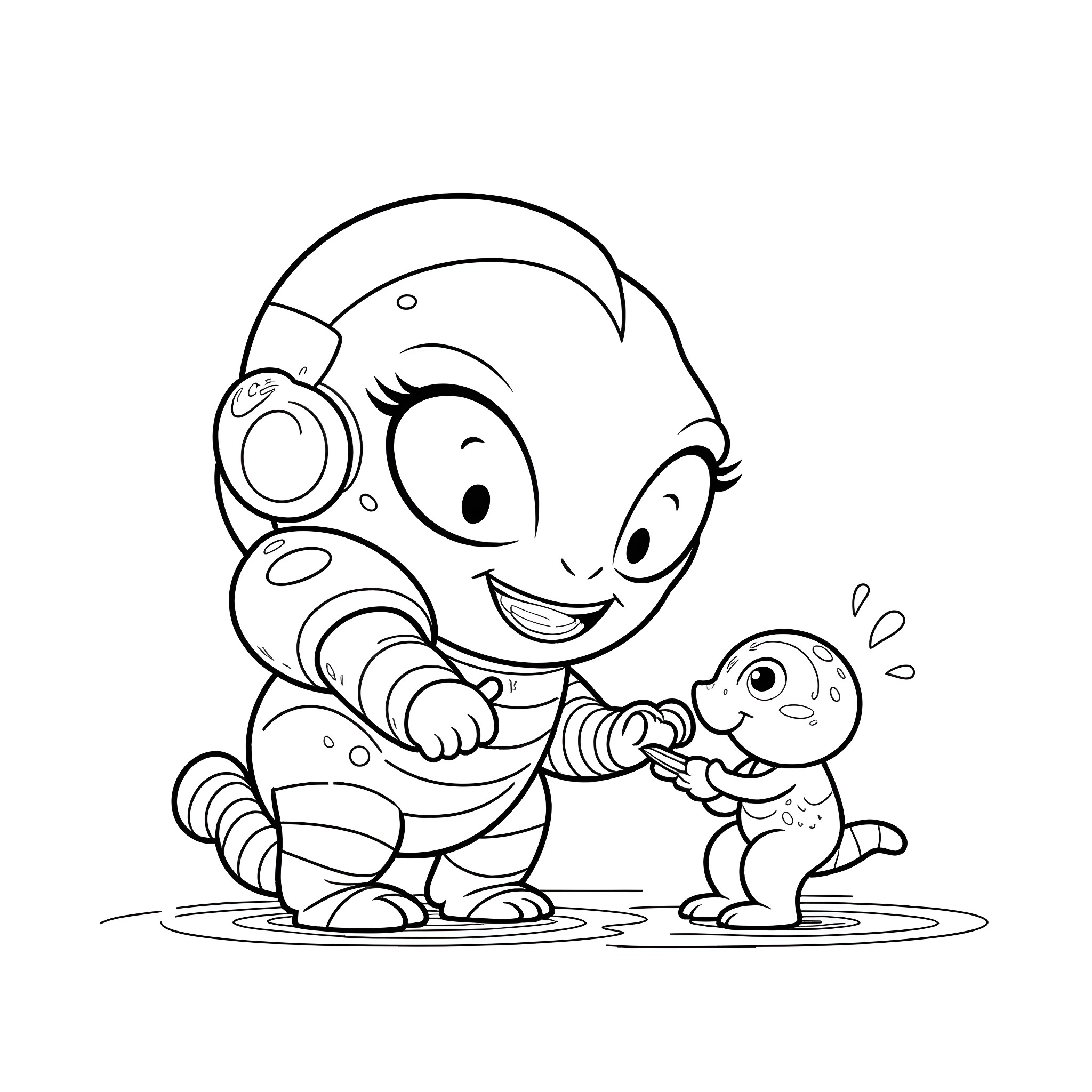 Krogan character helping a smaller creature Coloring Page (free black-and-white line drawing printable PDF for all, from beginners to advanced learners, including children, teens, adults, and seniors)