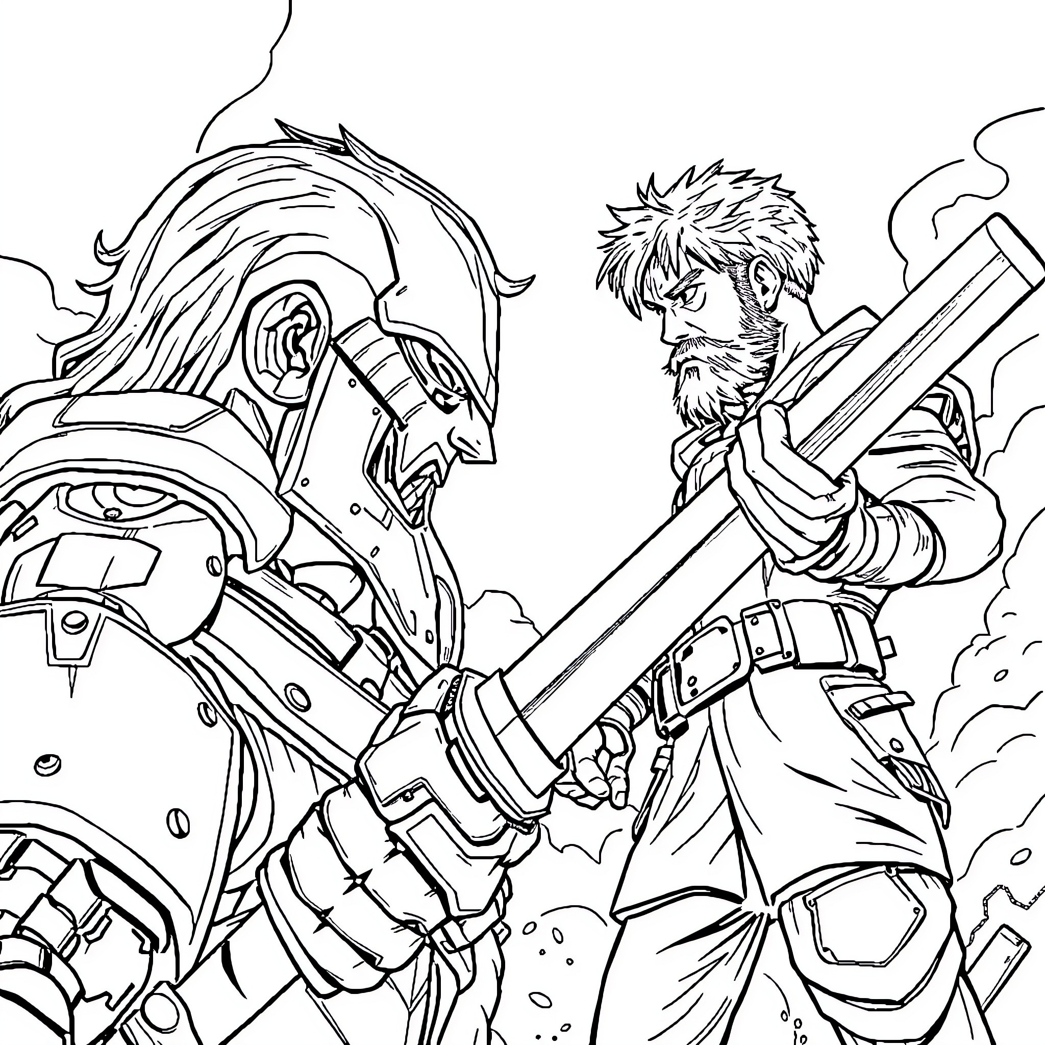 Titan warriors engaged in fierce combat Coloring Page (free black-and-white line drawing printable PDF for all, from beginners to advanced learners, including children, teens, adults, and seniors)