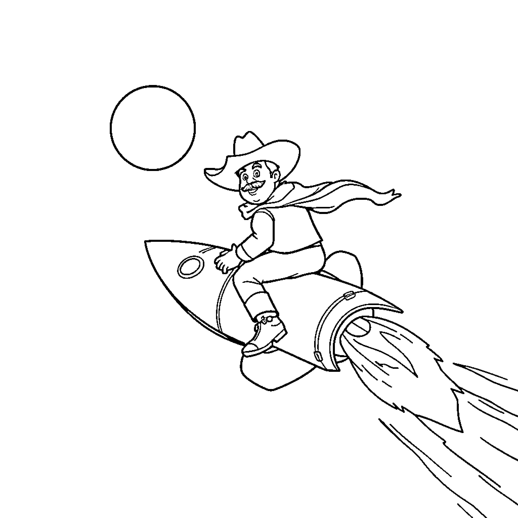 Cowboy riding a rocket ship through space Coloring Page (free black-and-white line drawing printable PDF for all, from beginners to advanced learners, including children, teens, adults, and seniors)