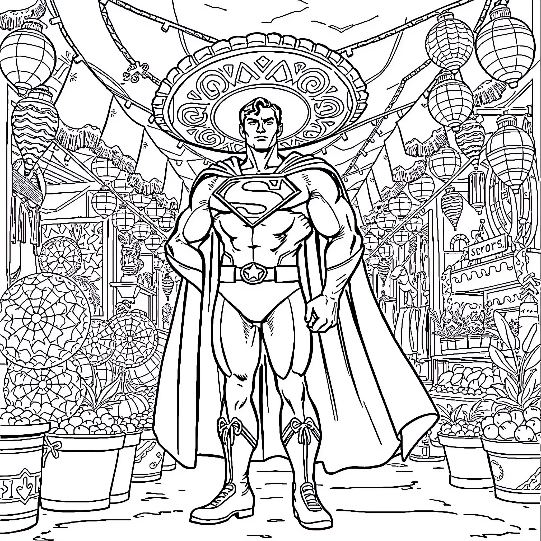 Superman in a Vibrant Cityscape Coloring Page (free black-and-white line drawing printable PDF for all, from beginners to advanced learners, including children, teens, adults, and seniors)