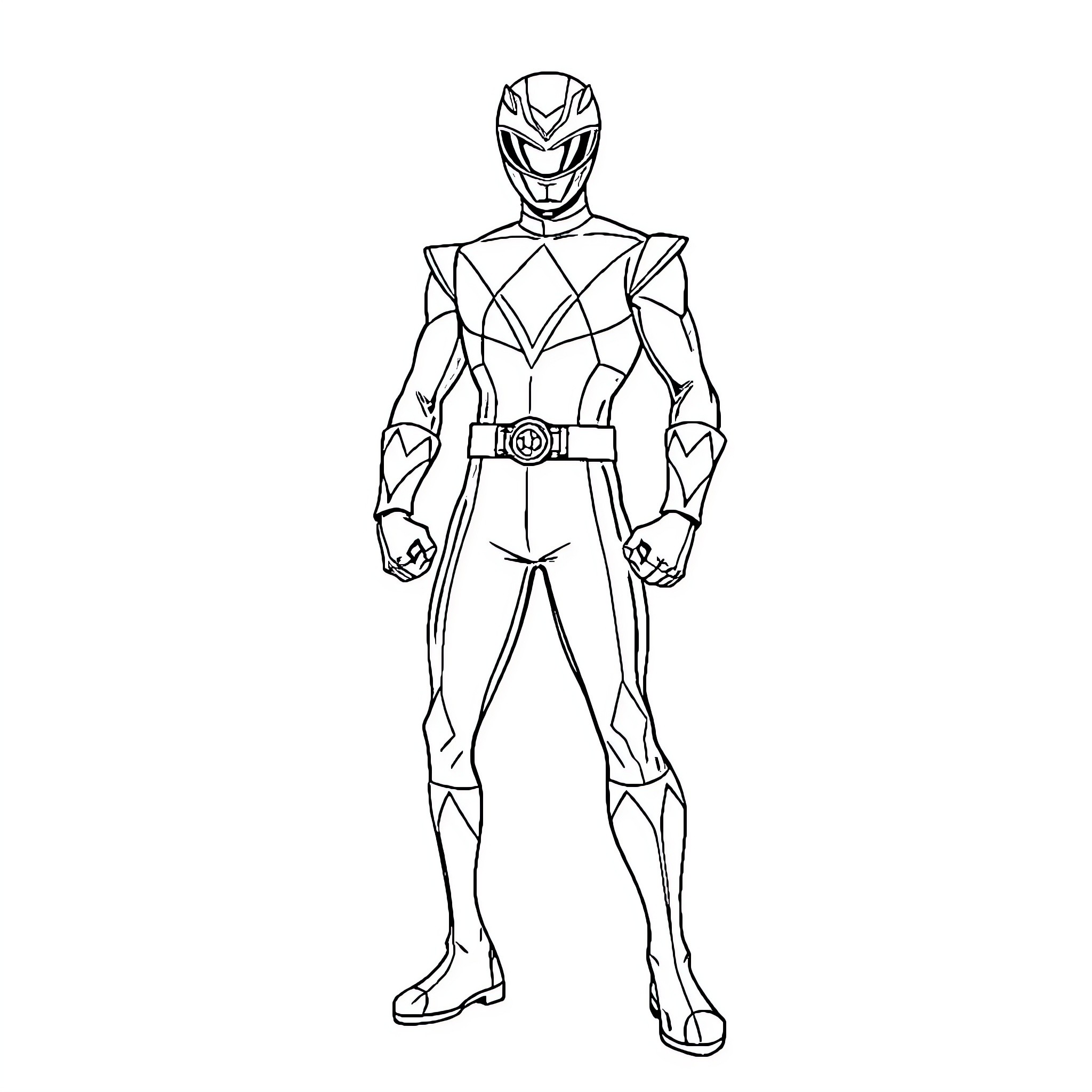 Red Ranger Heroic Pose in Futuristic Outfit Coloring Page (free black-and-white line drawing printable PDF for all, from beginners to advanced learners, including children, teens, adults, and seniors)