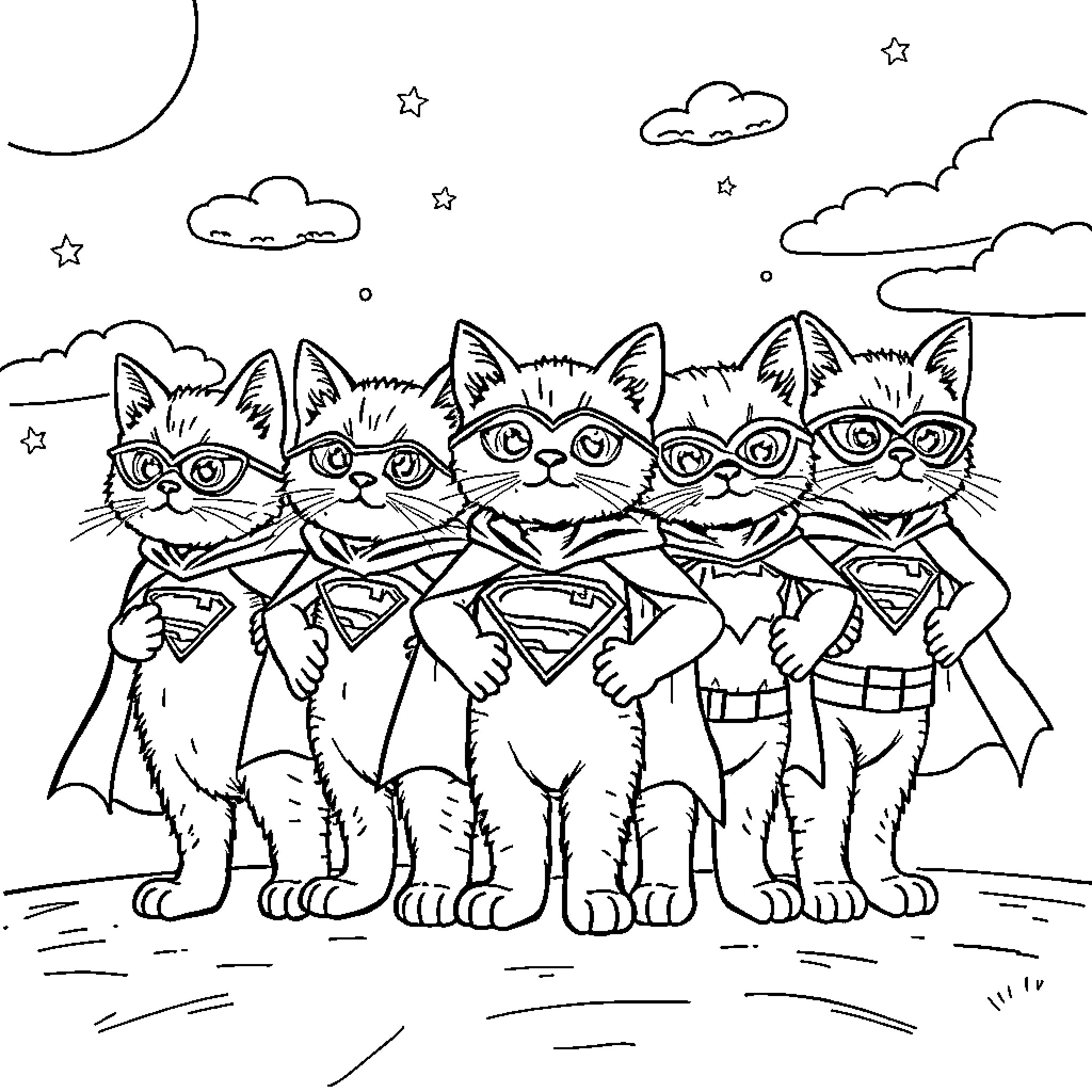Superkitty Cats in Costume Saving the Day Coloring Page (free black-and-white line drawing printable PDF for all, from beginners to advanced learners, including children, teens, adults, and seniors)