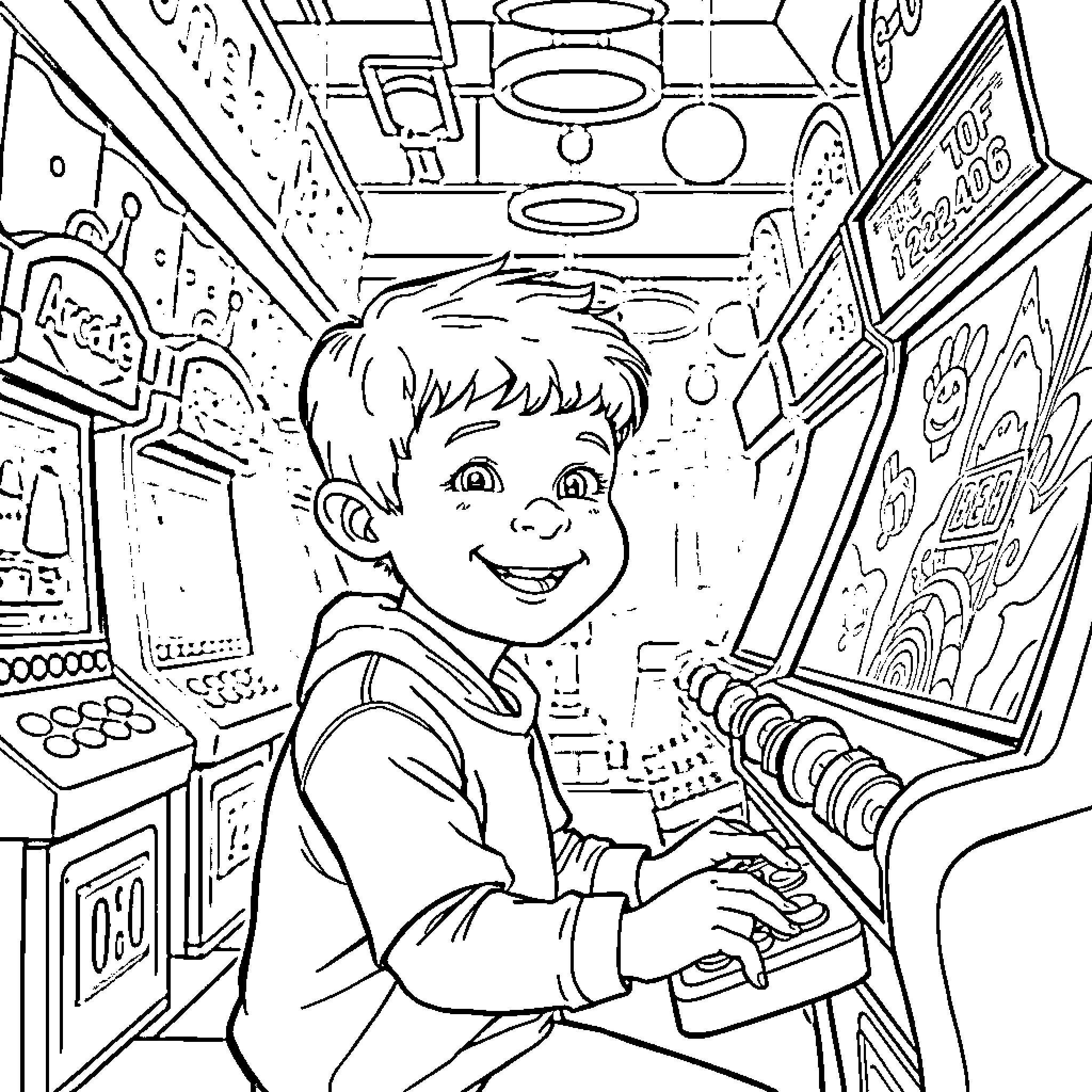 Child exploring electronic devices in a futuristic room Coloring Page (free black-and-white line drawing printable PDF for all, from beginners to advanced learners, including children, teens, adults, and seniors)